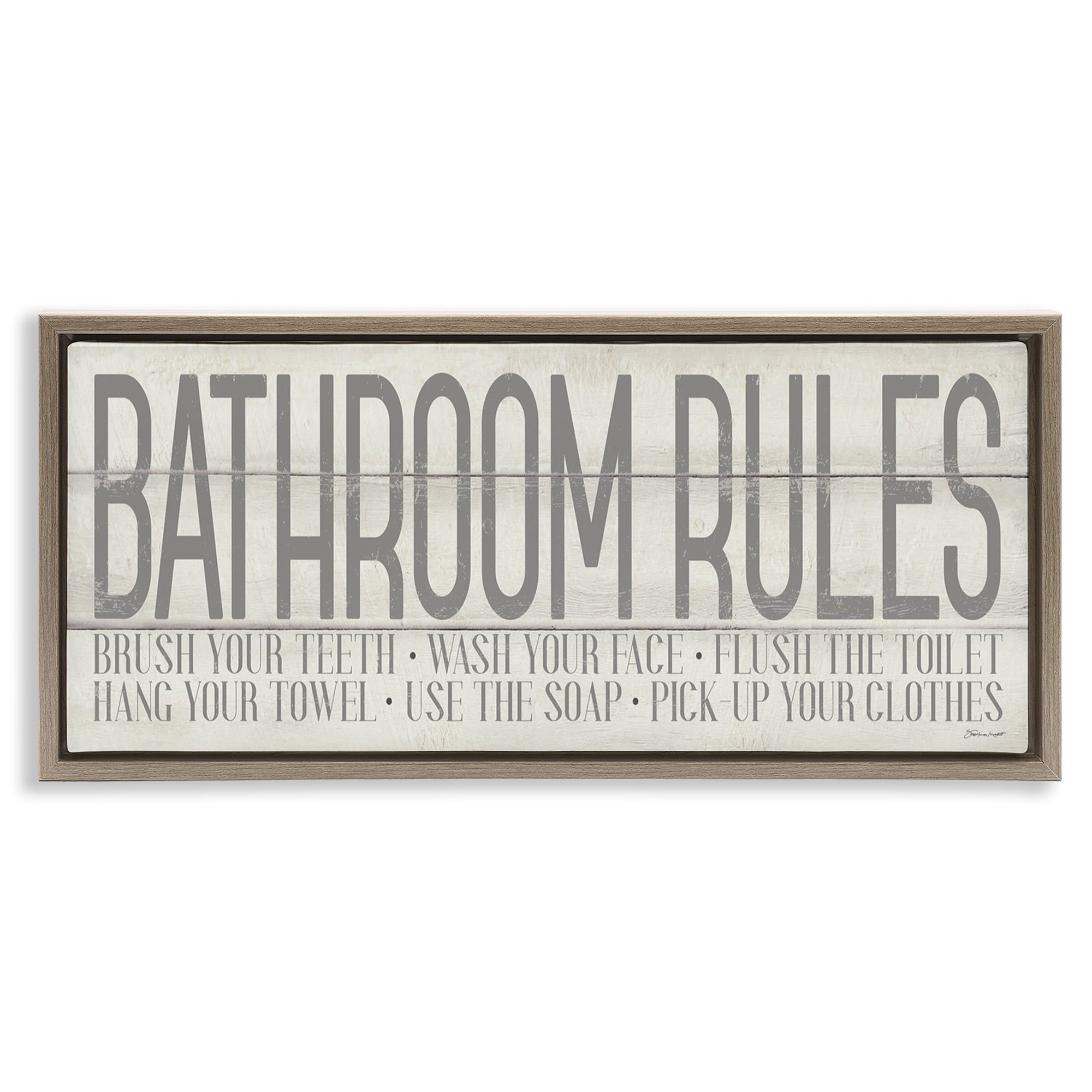 Stupell Industries Planked Style Bathroom Rules Abstract Painting Brown Floater Framed Canvas Art Print Wall Art, 25 x 11