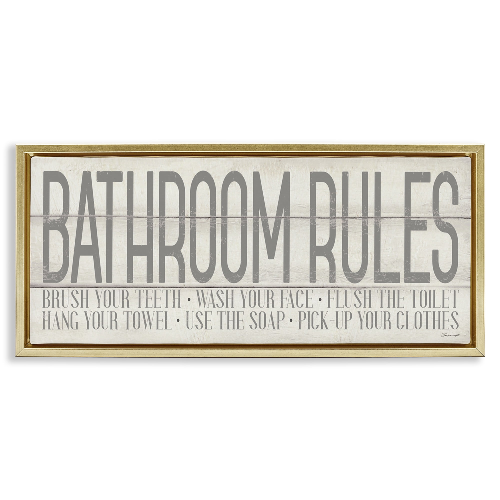 Stupell Industries Planked Style Bathroom Rules Abstract Painting Gold Floater Framed Canvas Art Print Wall Art, 25 x 11