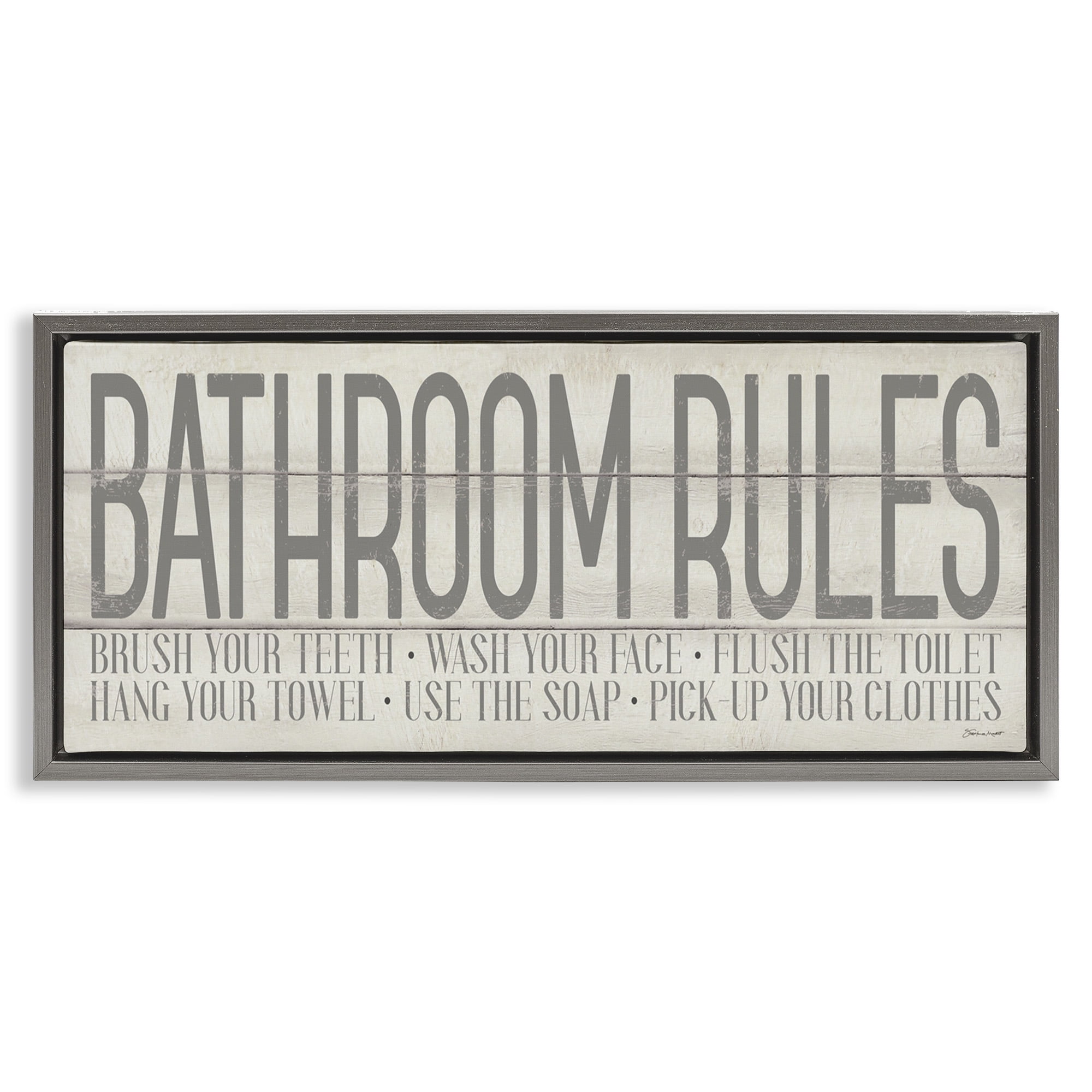 Stupell Industries Planked Style Bathroom Rules Abstract Painting Gray Floater Framed Canvas Art Print Wall Art, 25 x 11