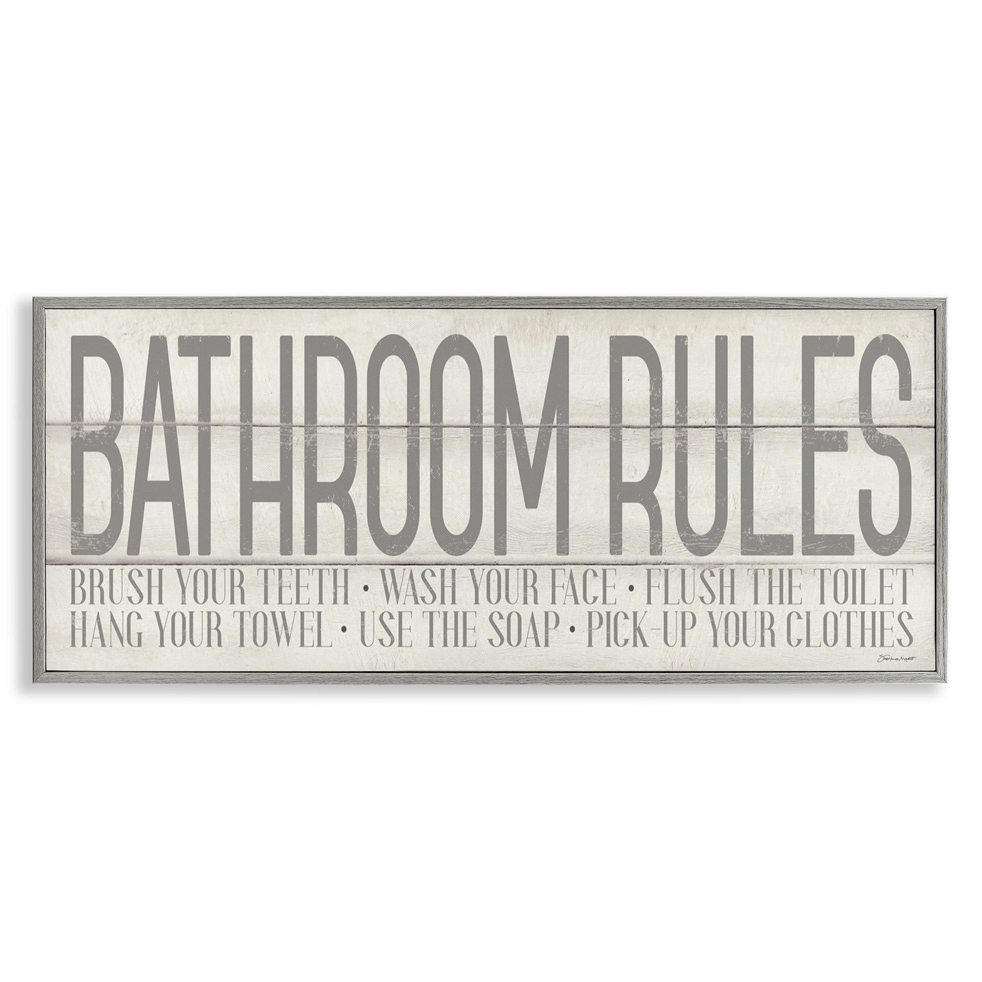 Stupell Industries Planked Style Bathroom Rules Abstract Painting Gray Framed Art Print Wall Art, 24 x 10