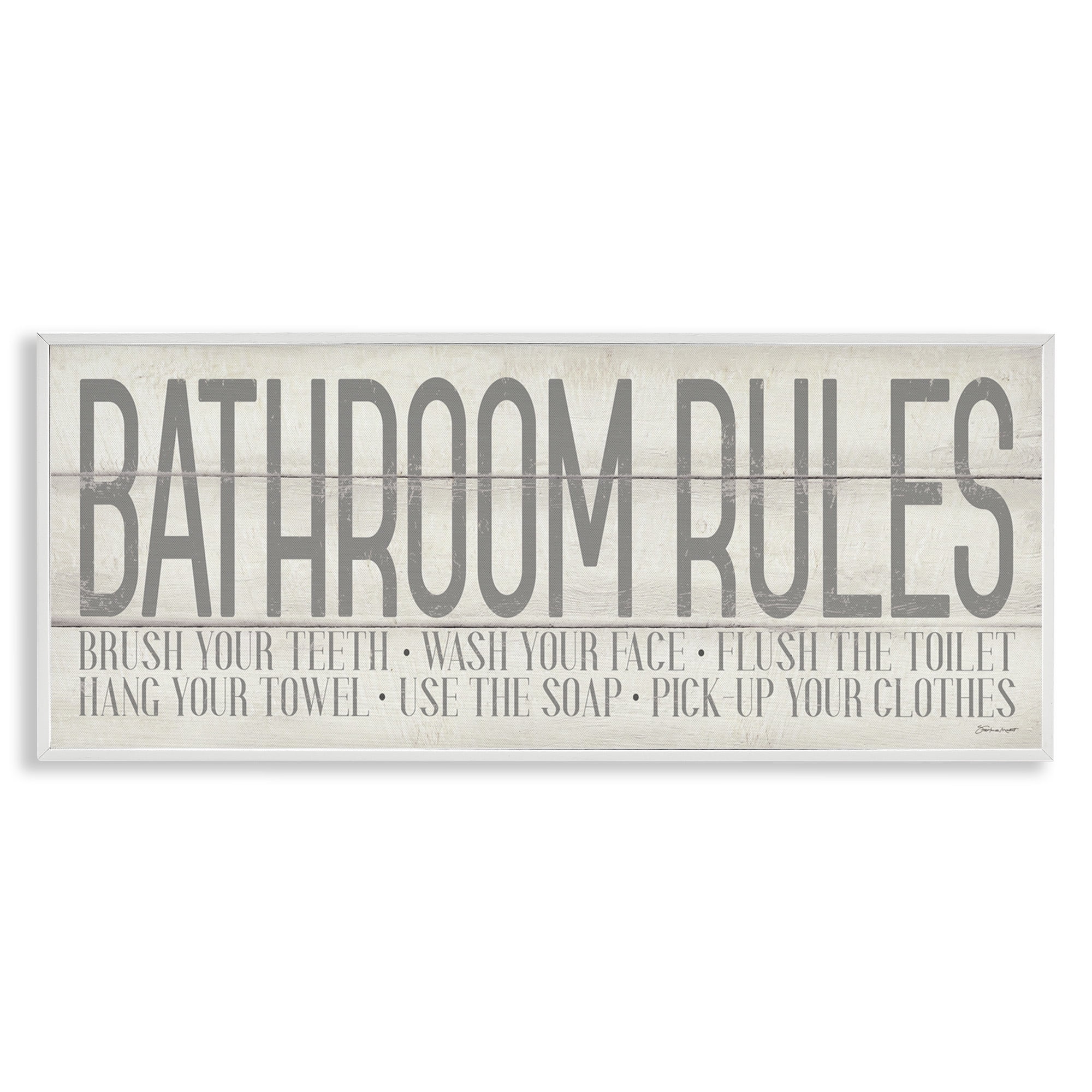 Stupell Industries Planked Style Bathroom Rules Abstract Painting White Framed Art Print Wall Art, 24 x 10