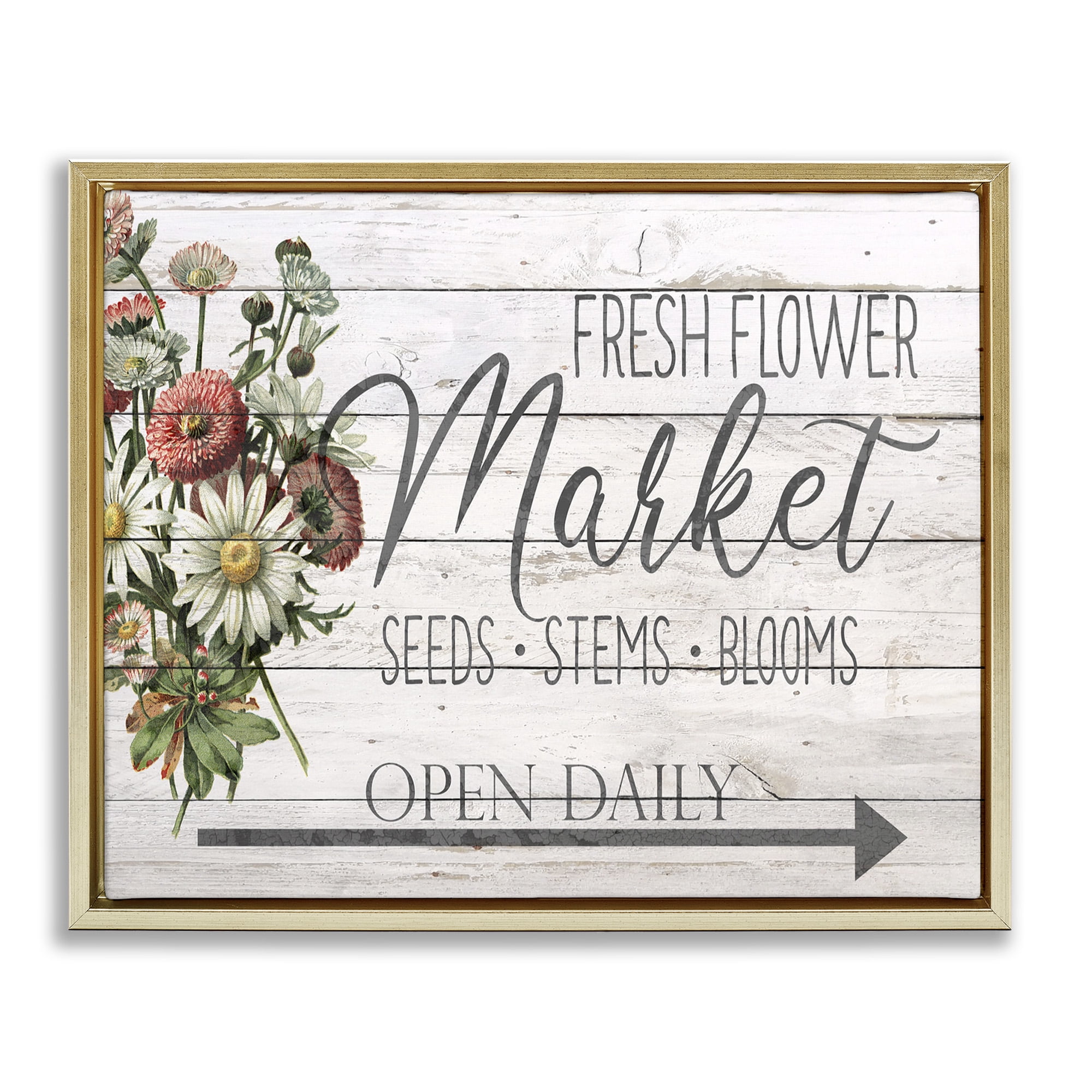 Stupell Industries Planked Style Fresh Flower Market Botanical & Floral Painting Gold Floater Framed Canvas Art Print Wall Art, 21 x 17