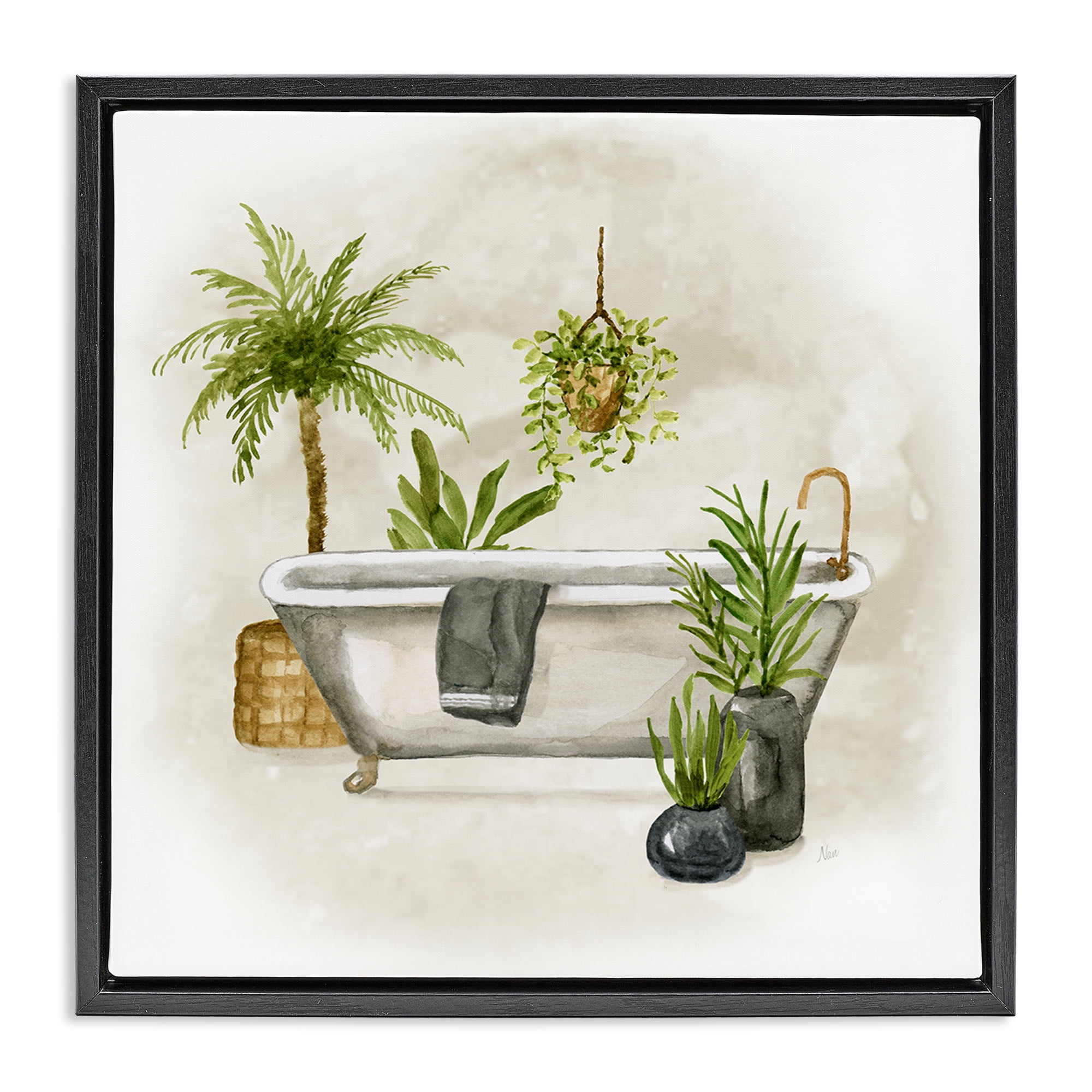 Stupell Industries Plant Filled Bathroom Bath & Laundry Painting Black Floater Framed Canvas Art Print Wall Art, 18 x 18