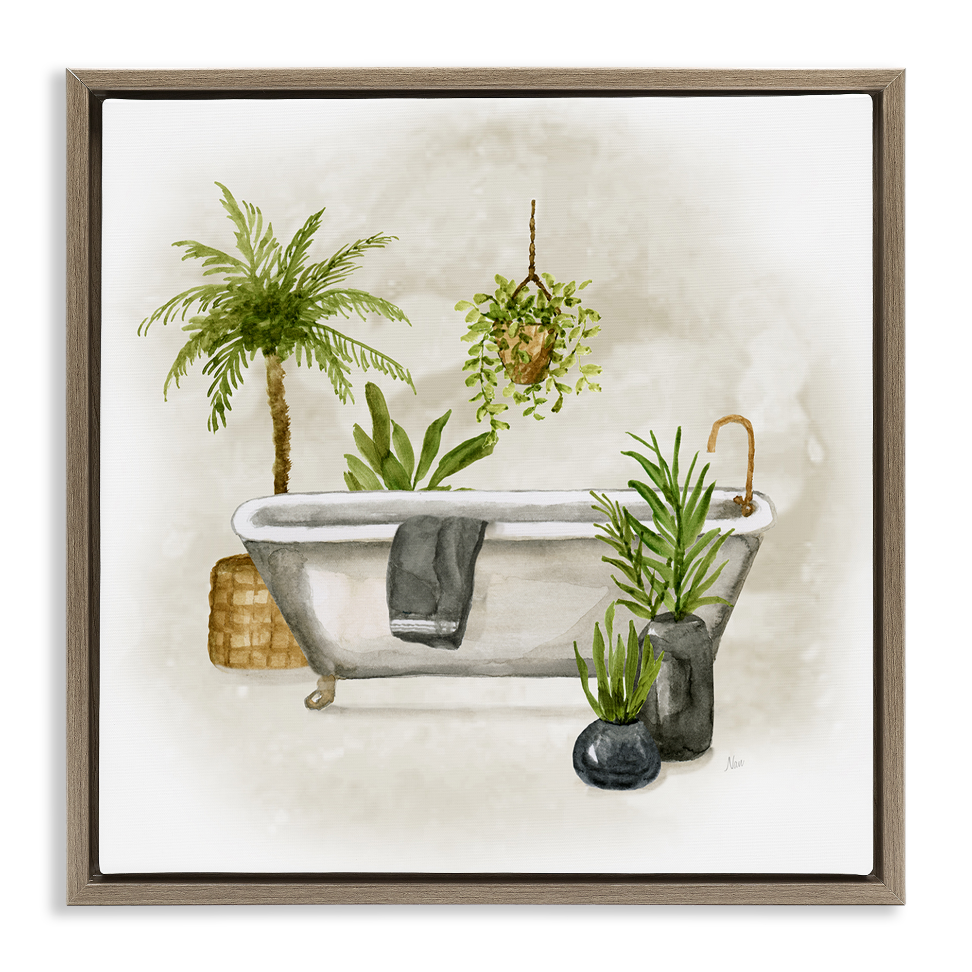 Stupell Industries Plant Filled Bathroom Bath & Laundry Painting Brown Floater Framed Canvas Art Print Wall Art, 25 x 25