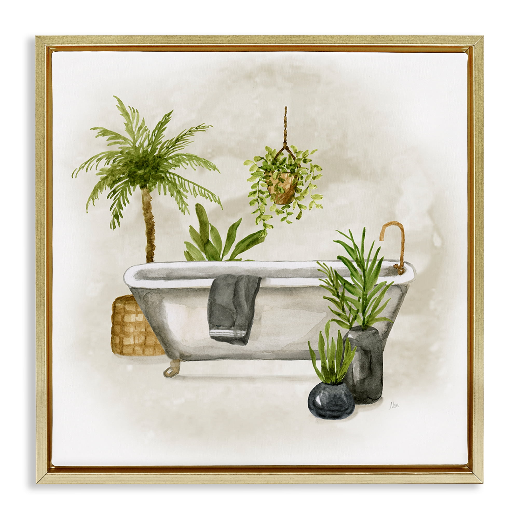 Stupell Industries Plant Filled Bathroom Bath & Laundry Painting Gold Floater Framed Canvas Art Print Wall Art, 25 x 25