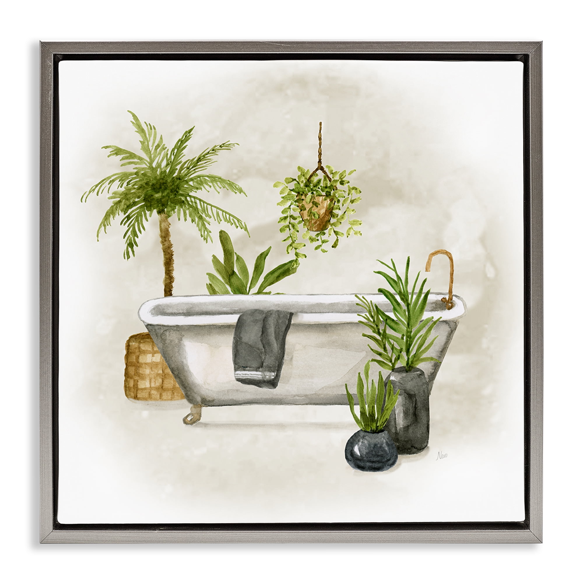 Stupell Industries Plant Filled Bathroom Bath & Laundry Painting Gray Floater Framed Canvas Art Print Wall Art, 25 x 25