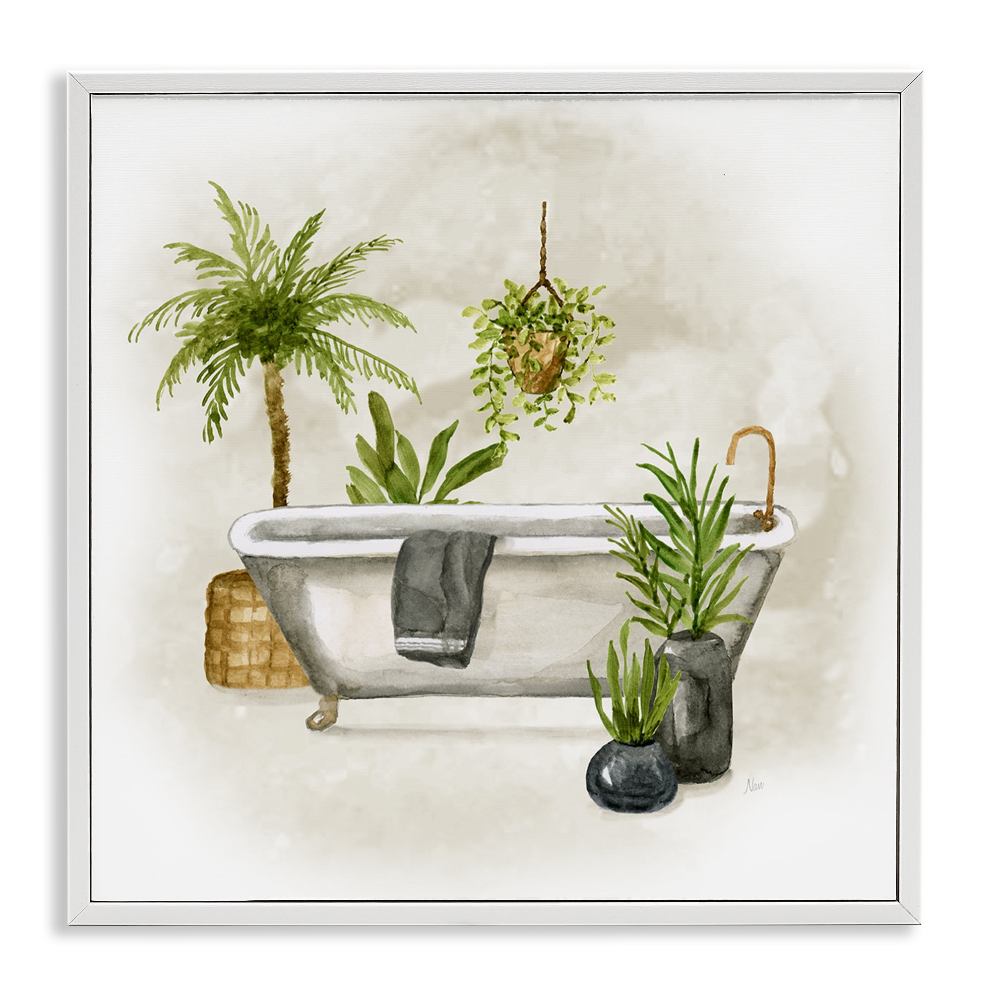 Stupell Industries Plant Filled Bathroom Bath & Laundry Painting White Framed Art Print Wall Art, 12 x 12