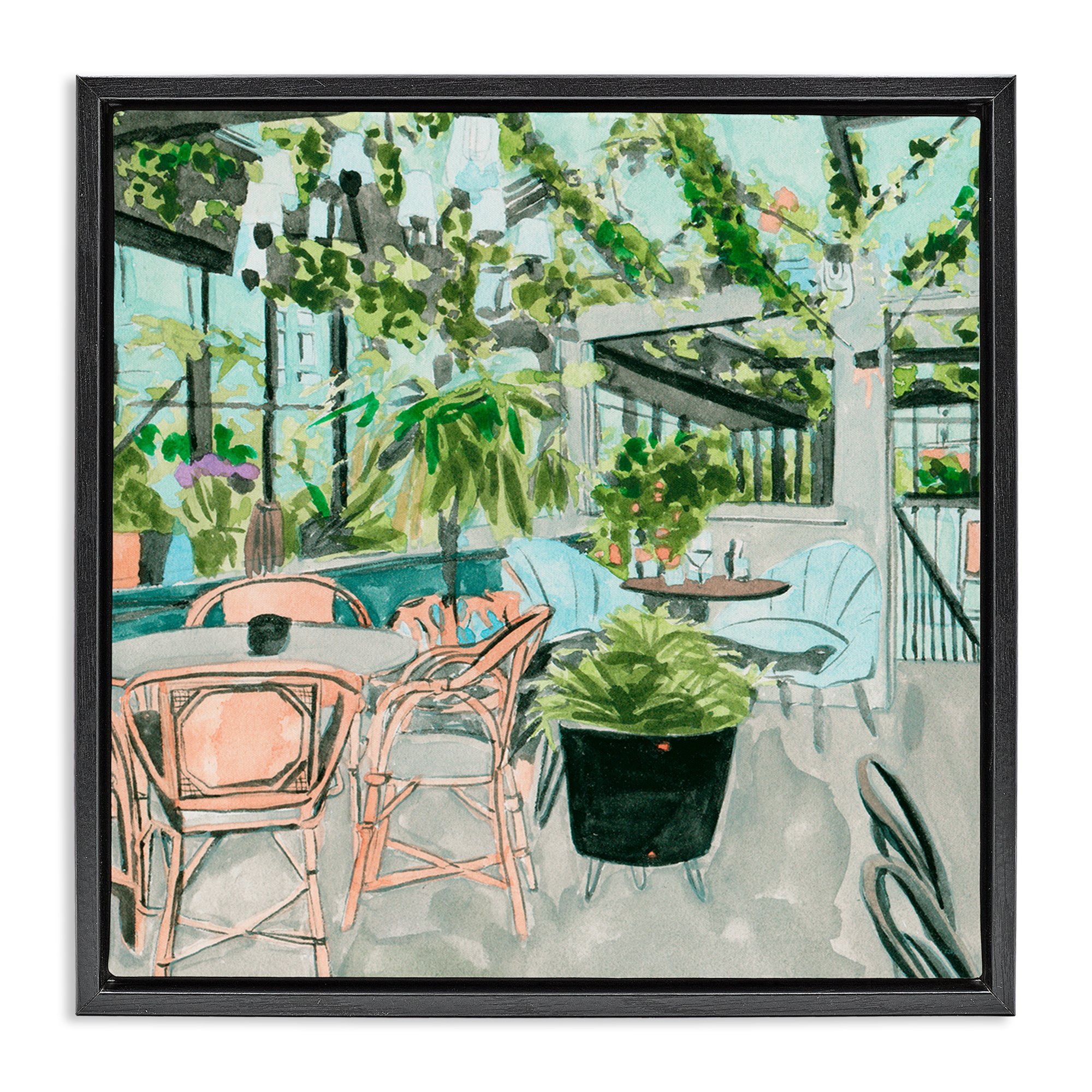 Stupell Industries Plant Filled Bistro Furniture Painting Black Floater Framed Canvas Art Print Wall Art, 18 x 18