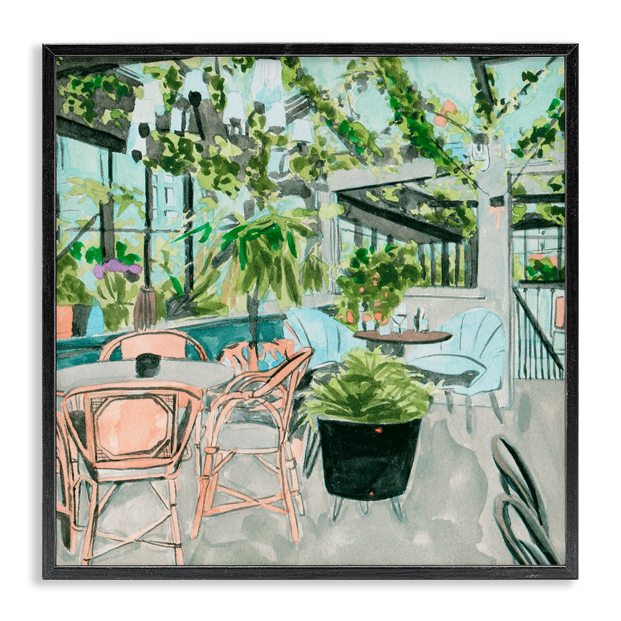 Stupell Industries Plant Filled Bistro Furniture Painting Black Framed Art Print Wall Art, 24 x 24