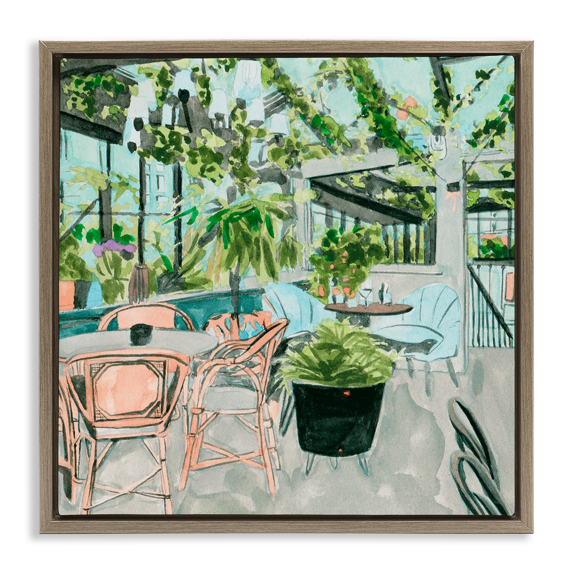 Stupell Industries Plant Filled Bistro Furniture Painting Brown Floater Framed Canvas Art Print Wall Art, 18 x 18