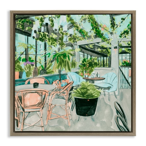 Stupell Industries Plant Filled Bistro Furniture Painting Brown Floater Framed Canvas Art Print Wall Art, 18 x 18
