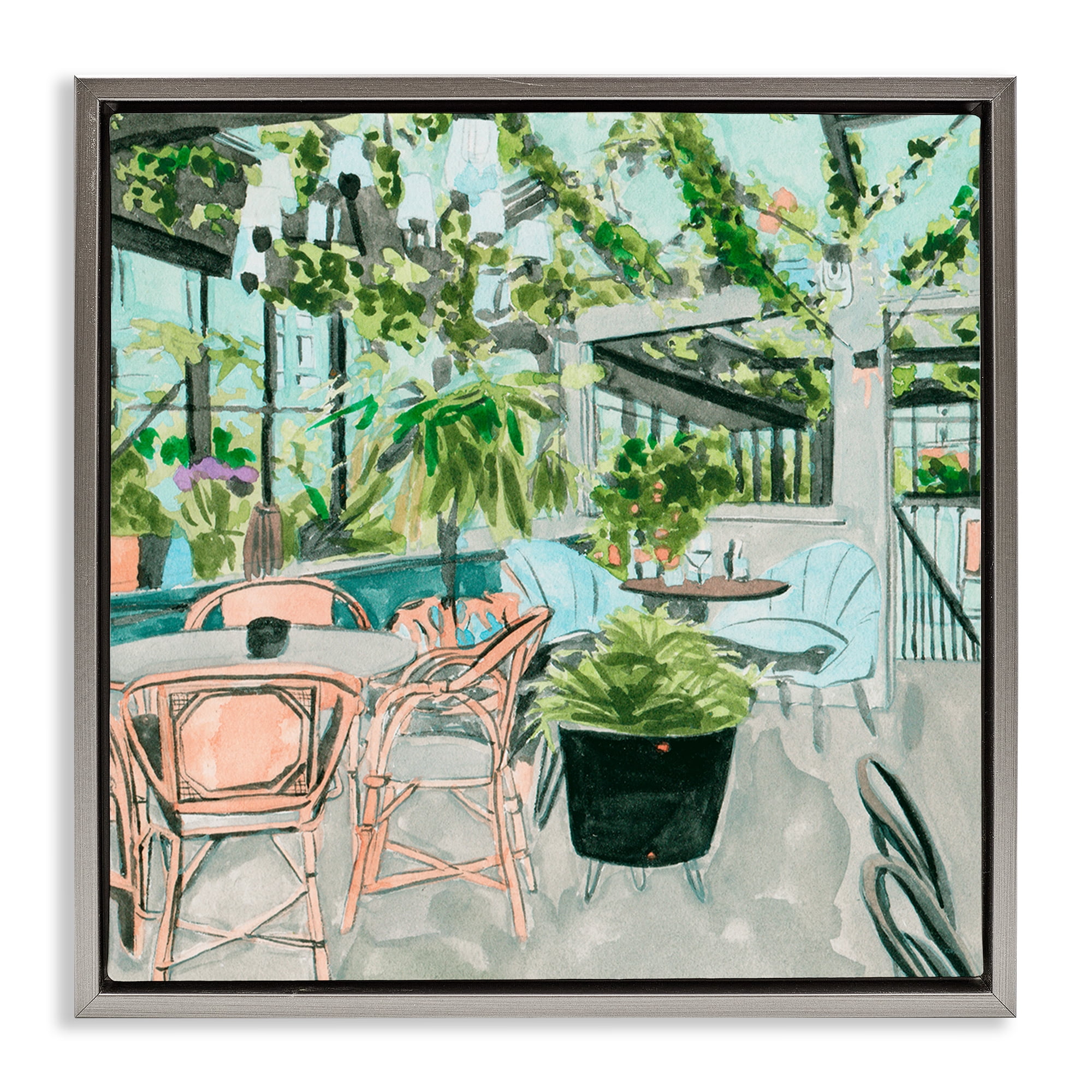 Stupell Industries Plant Filled Bistro Furniture Painting Gray Floater Framed Canvas Art Print Wall Art, 25 x 25