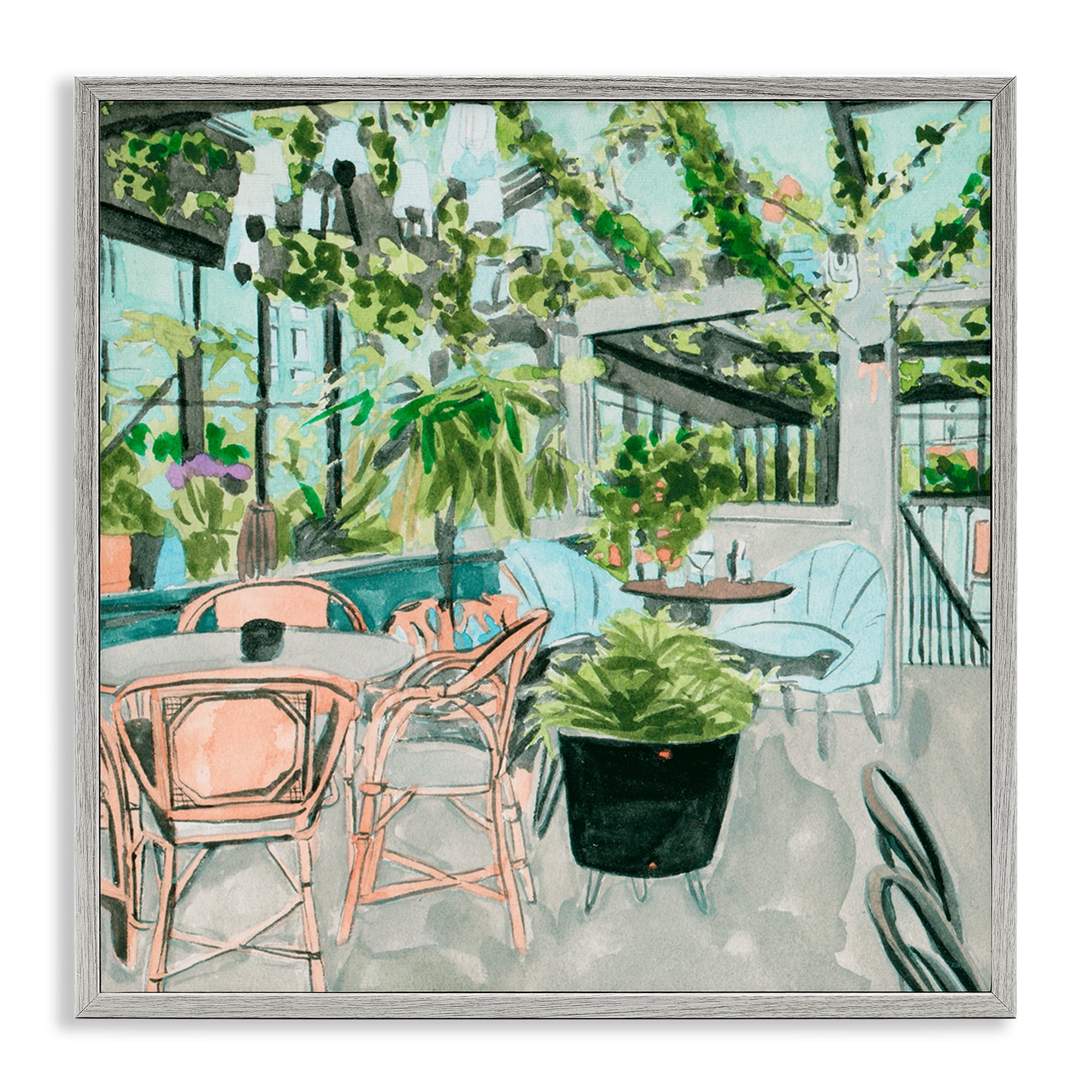 Stupell Industries Plant Filled Bistro Furniture Painting Gray Framed Art Print Wall Art, 17 x 17
