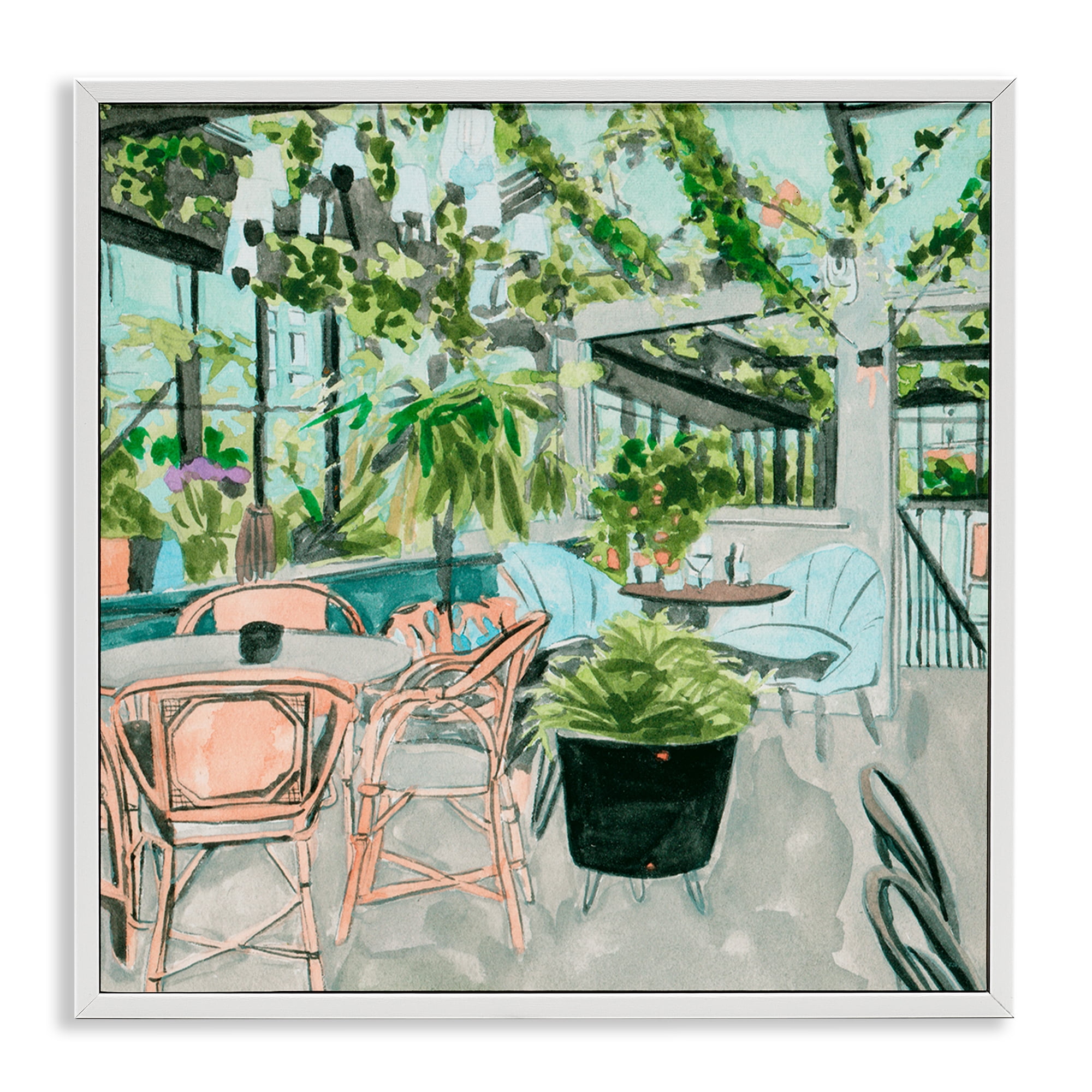 Stupell Industries Plant Filled Bistro Furniture Painting White Framed Art Print Wall Art, 12 x 12