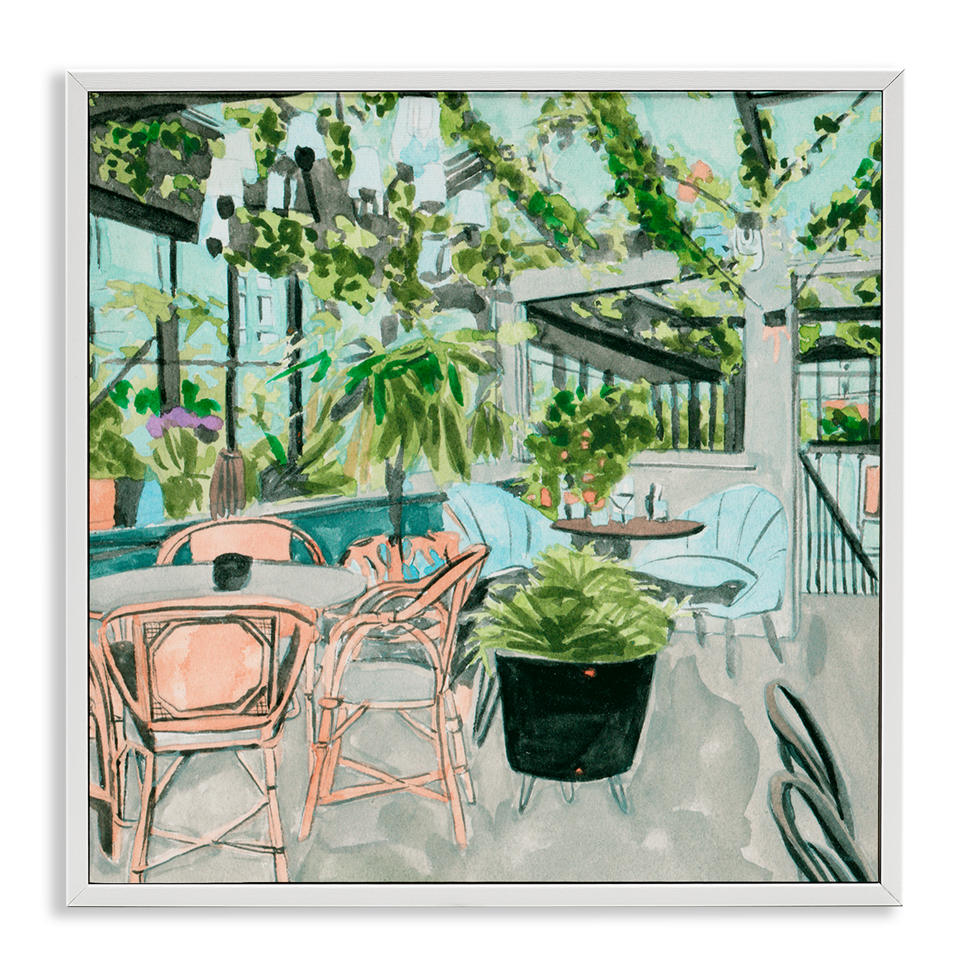 Stupell Industries Plant Filled Bistro Furniture Painting White Framed Art Print Wall Art, 17 x 17
