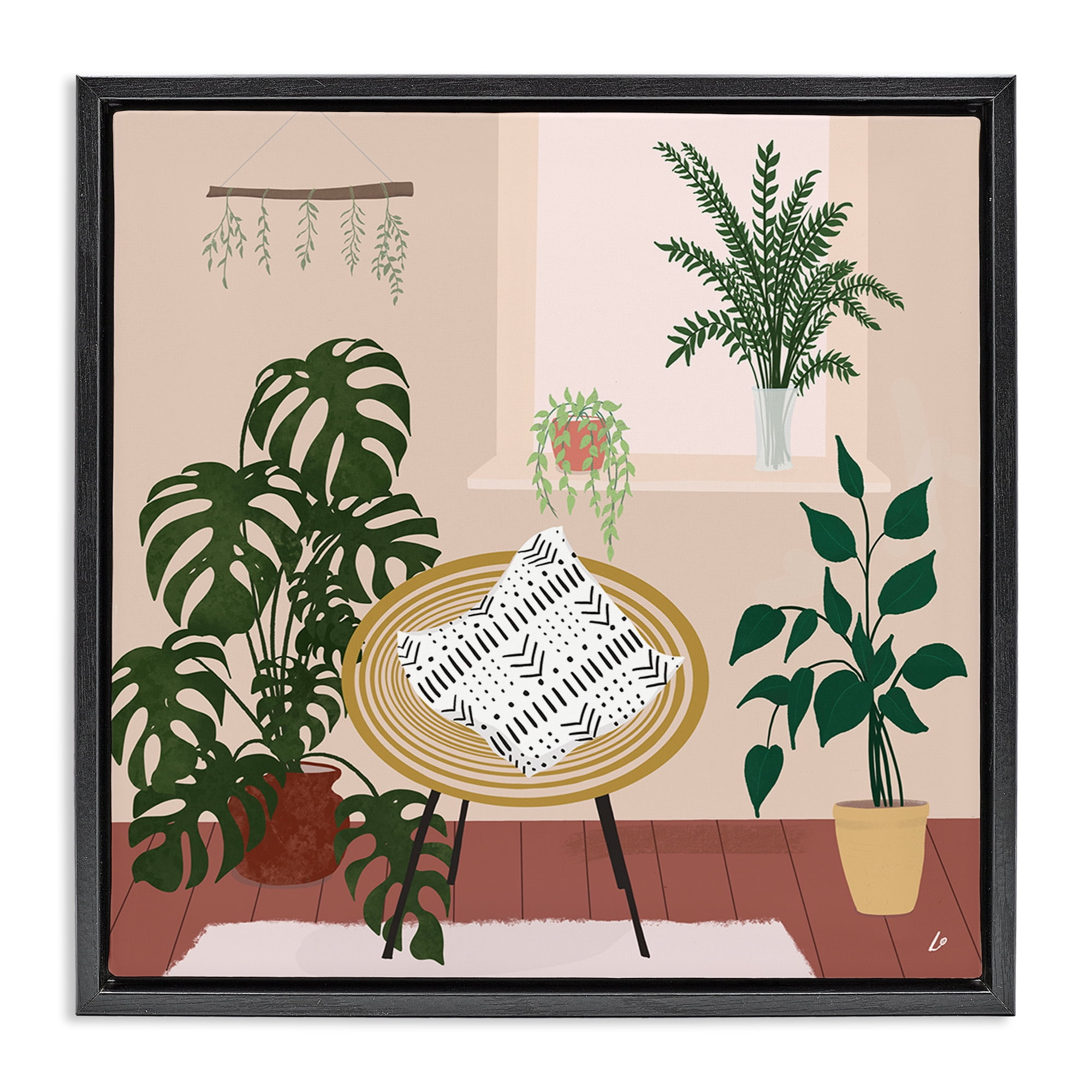 Stupell Industries Plant Filled Boho Space Furniture Painting Black Floater Framed Canvas Art Print Wall Art, 25 x 25