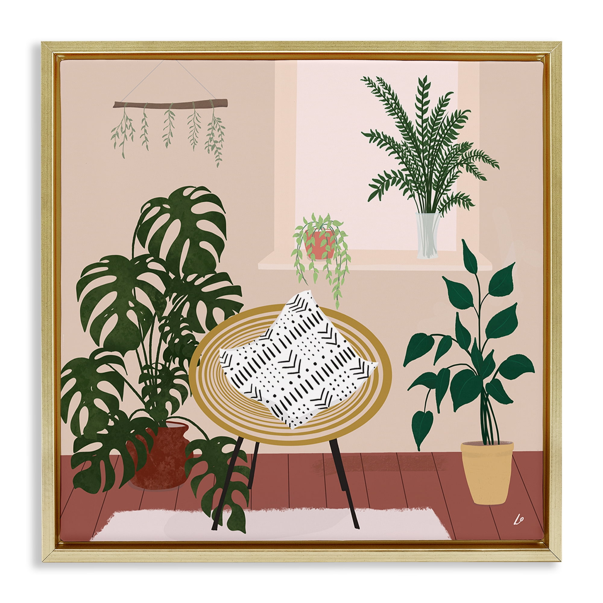 Stupell Industries Plant Filled Boho Space Furniture Painting Gold Floater Framed Canvas Art Print Wall Art, 25 x 25