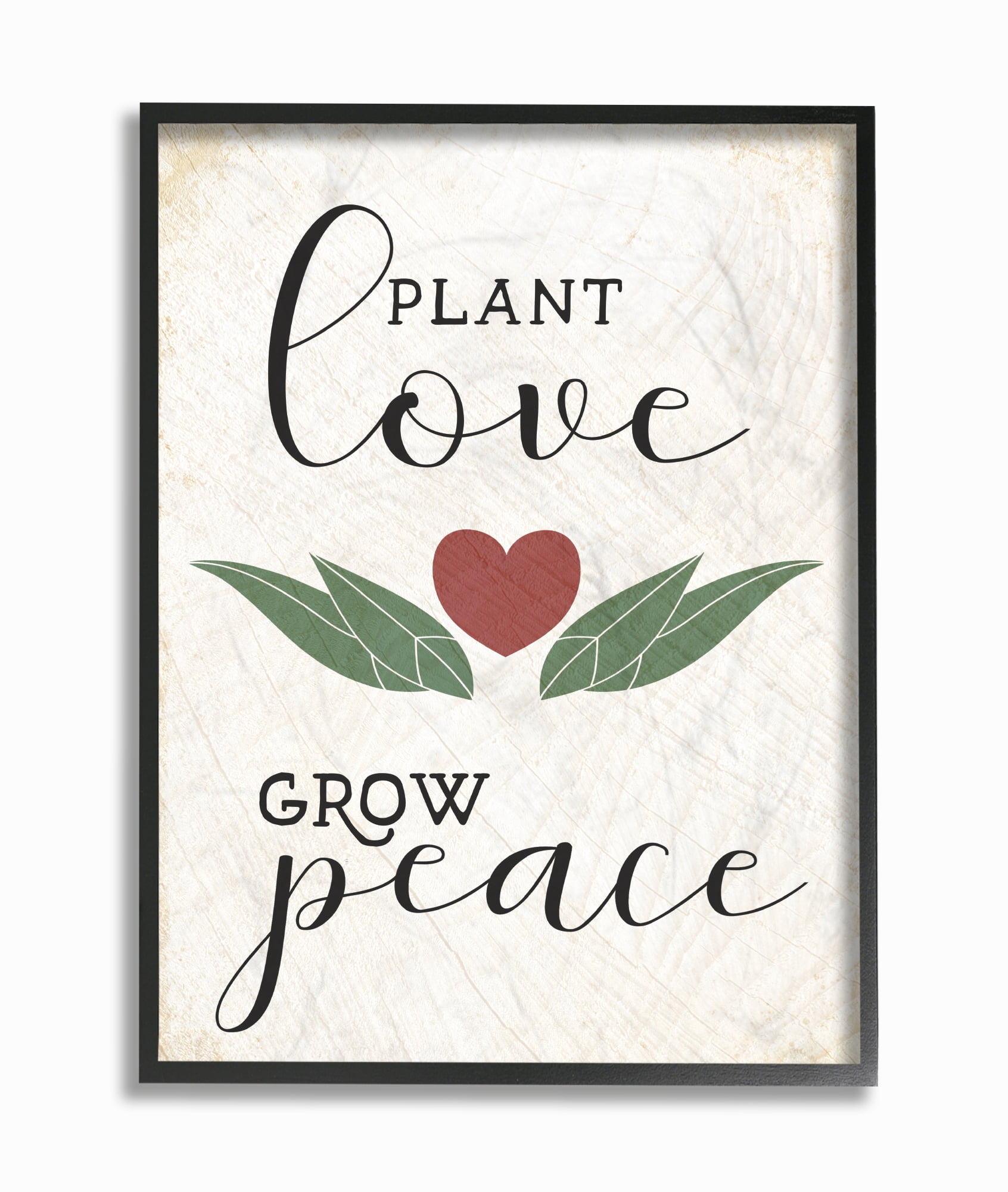 Stupell Industries Plant Love Grow Peace Heart and Leaves Inspirational Painting Black Framed Art Print Wall Art, 16 x 20