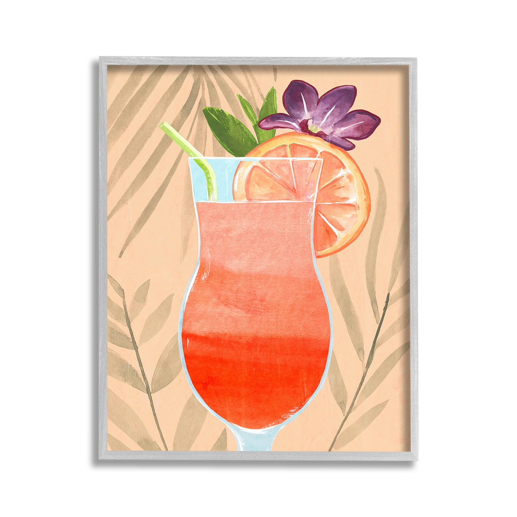 Stupell Industries Plant Patterned Cocktail Food & Beverage Painting Gray Framed Art Print Wall Art, 11 x 14