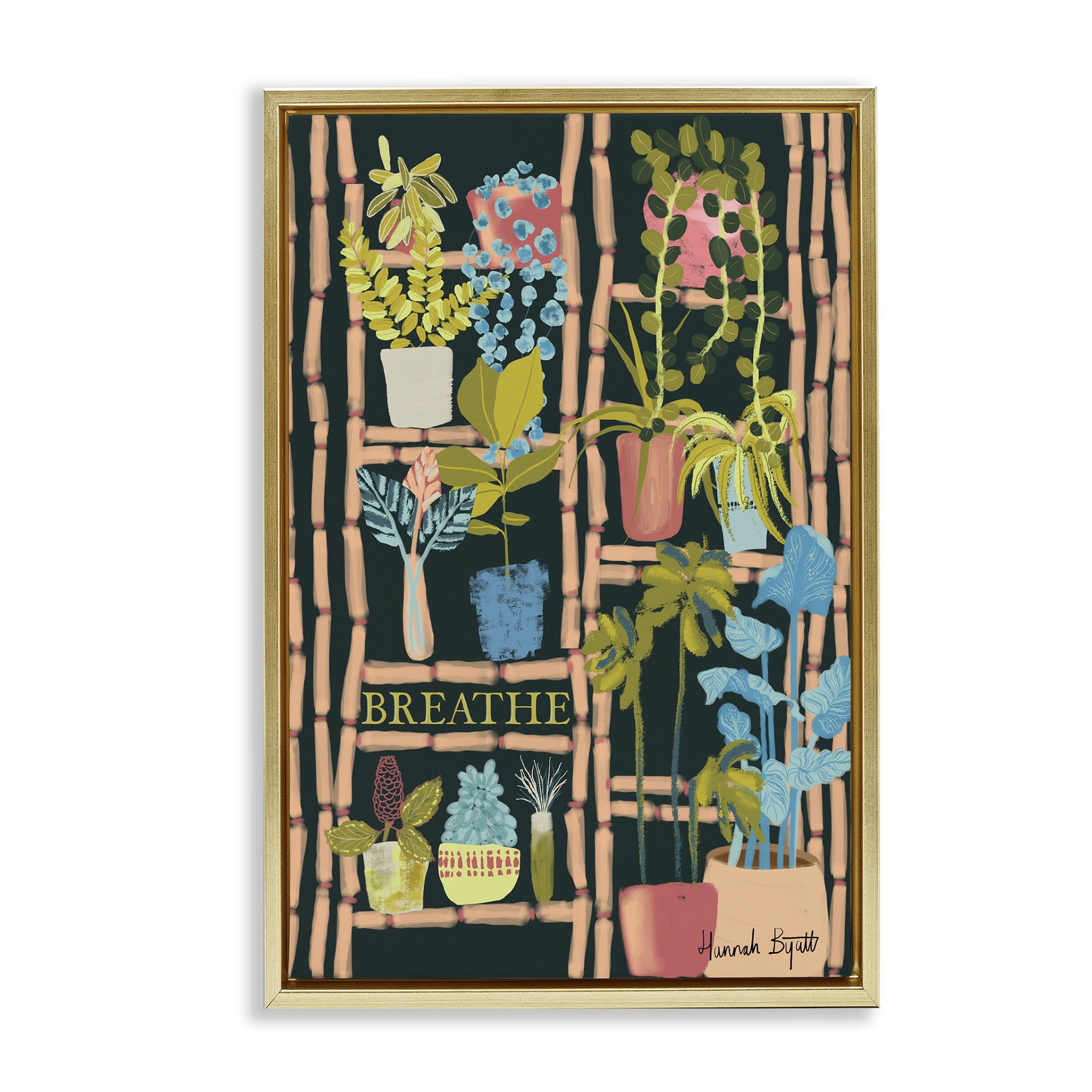 Stupell Industries Plant Shelf on Black Plants & Flowers Painting Gold Floater Framed Canvas Art Print Wall Art, 17 x 25
