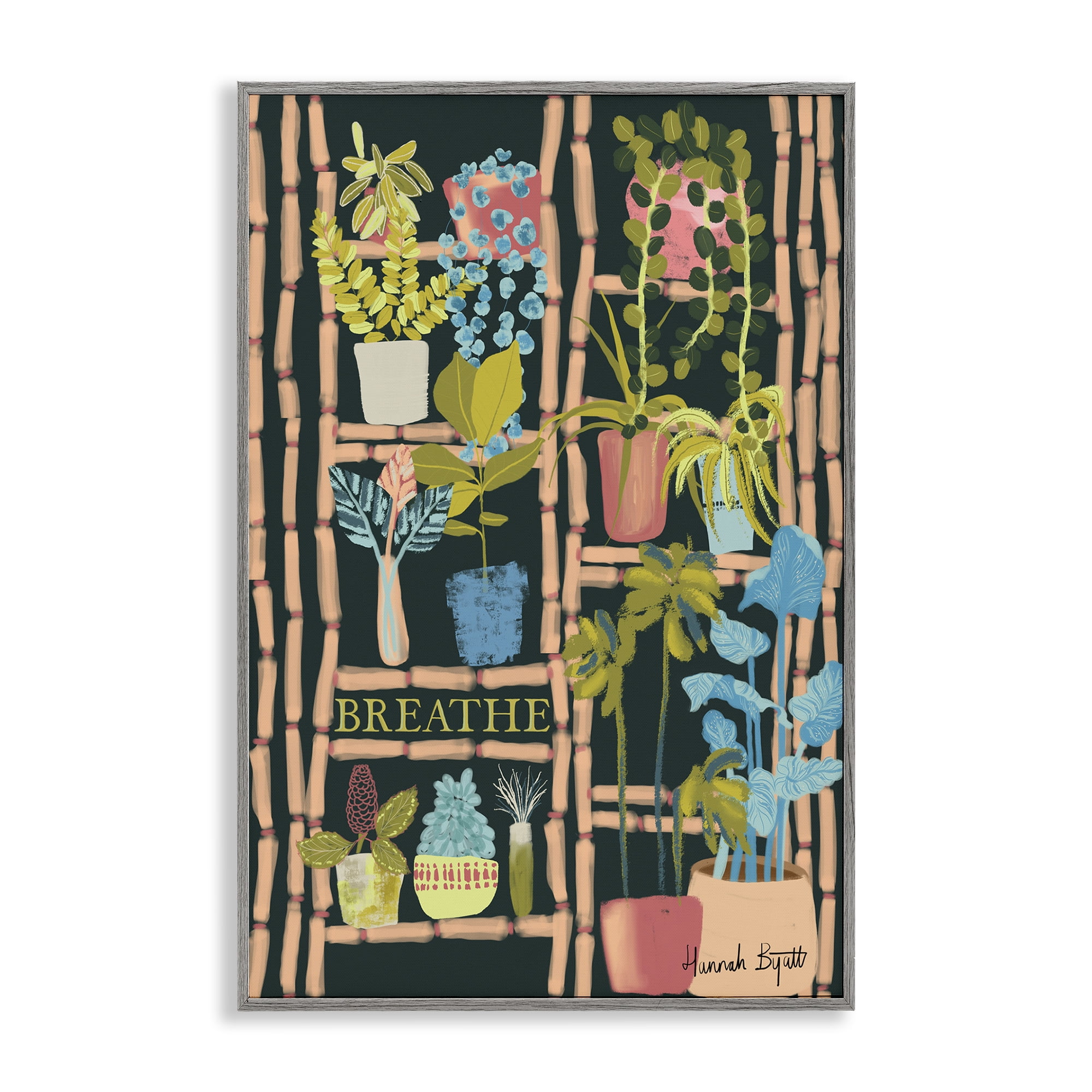 Stupell Industries Plant Shelf on Black Plants & Flowers Painting Gray Framed Art Print Wall Art, 20 x 30