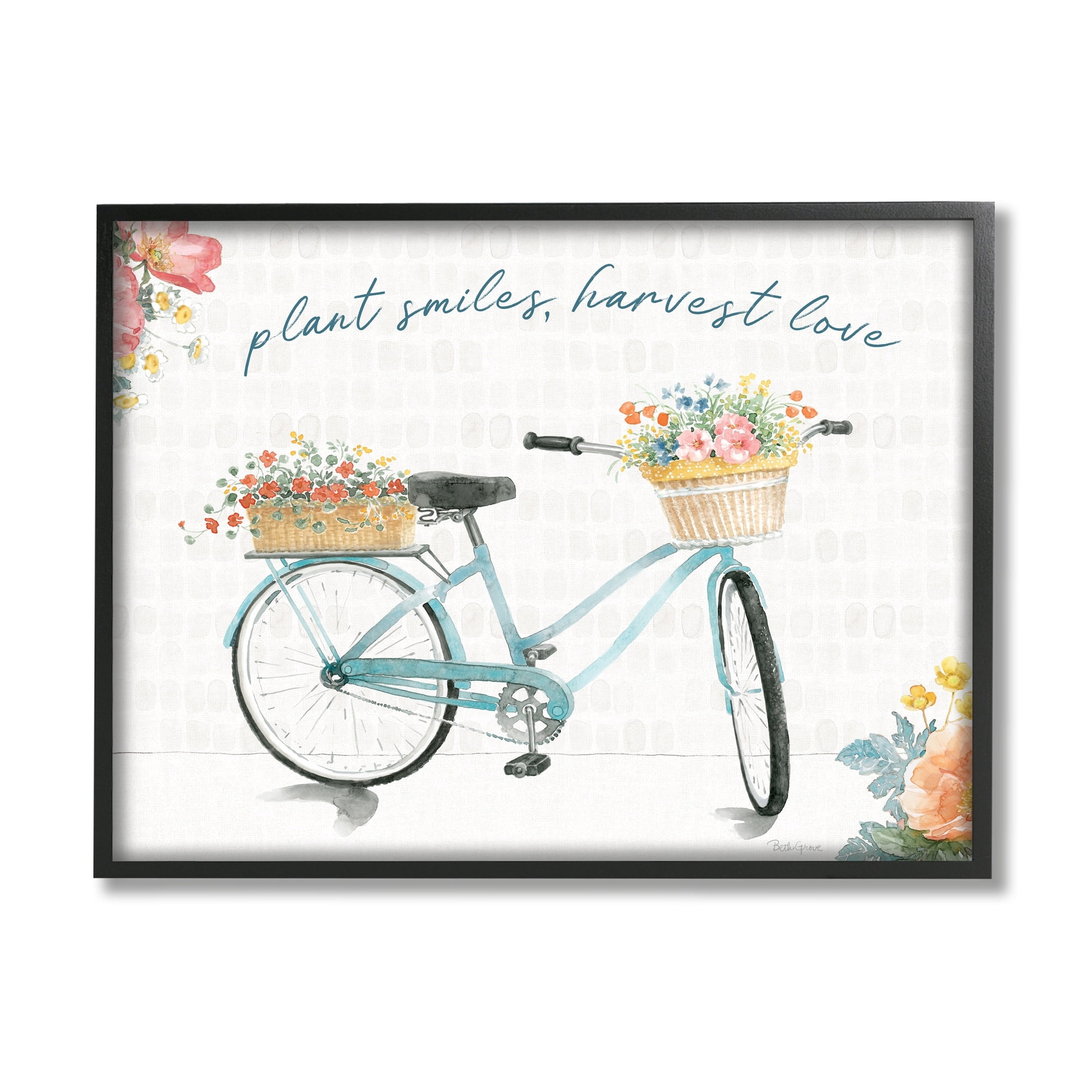 Stupell Industries Plant Smiles Harvest Love Phrase Floral Basket Bicycle, 14 x 11,Design by Beth Grove