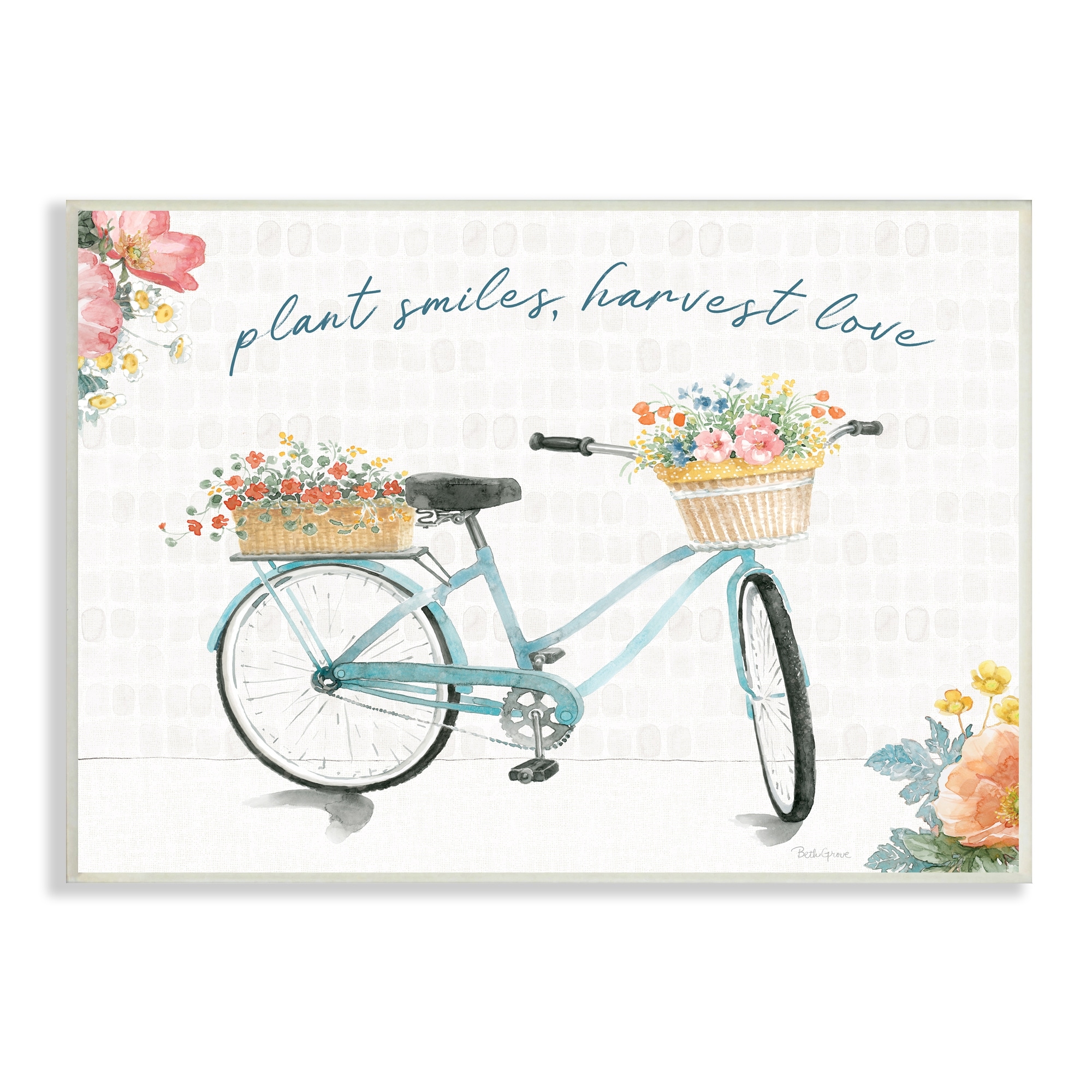 Stupell Industries Plant Smiles Harvest Love Phrase Floral Basket Bicycle, 15 x 10,Design by Beth Grove