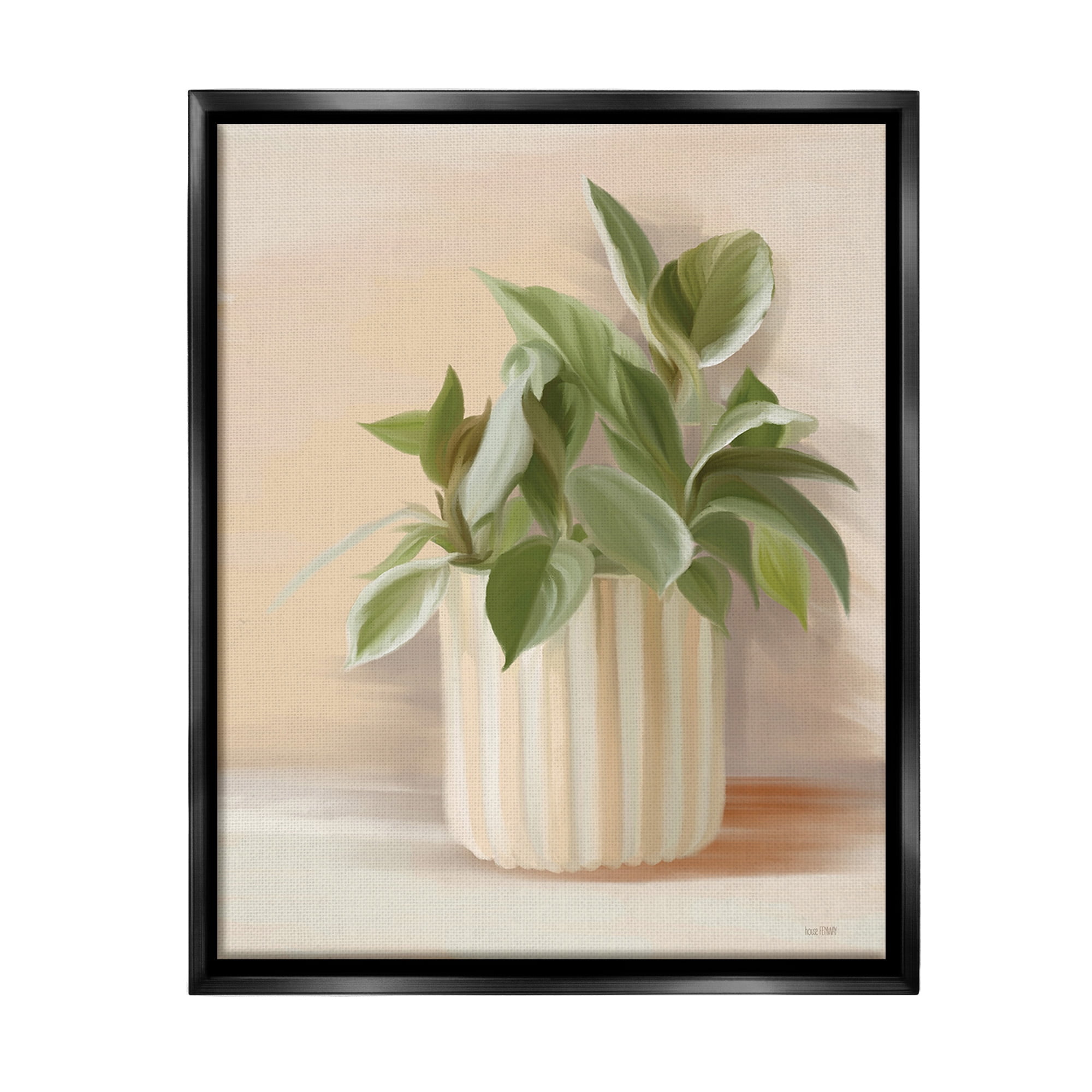 Stupell Industries Plant in Striped Pottery Botanical & Floral Painting Black Floater Framed Canvas Art Print Wall Art, 25 x 31