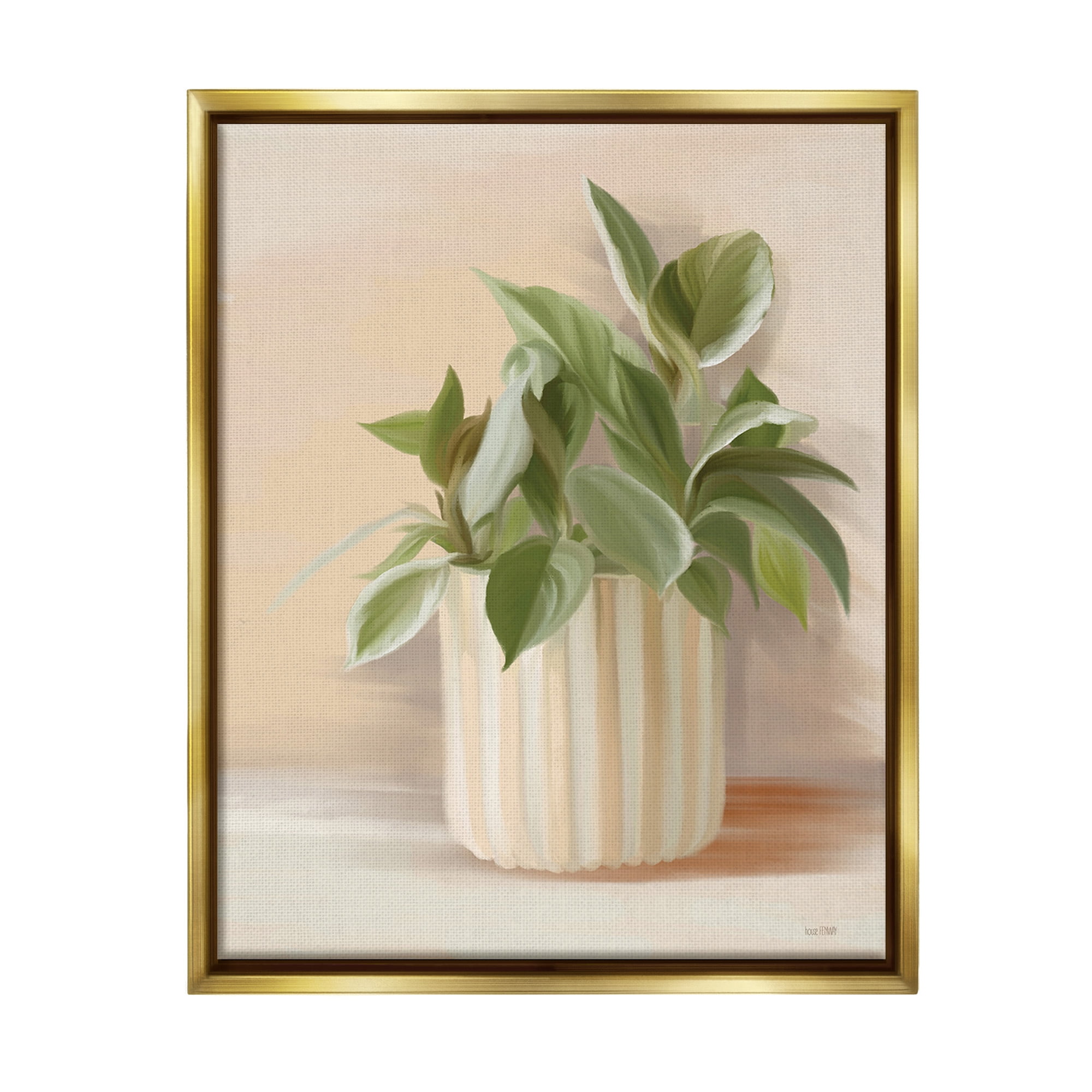 Stupell Industries Plant in Striped Pottery Botanical & Floral Painting Gold Floater Framed Canvas Art Print Wall Art, 17 x 21