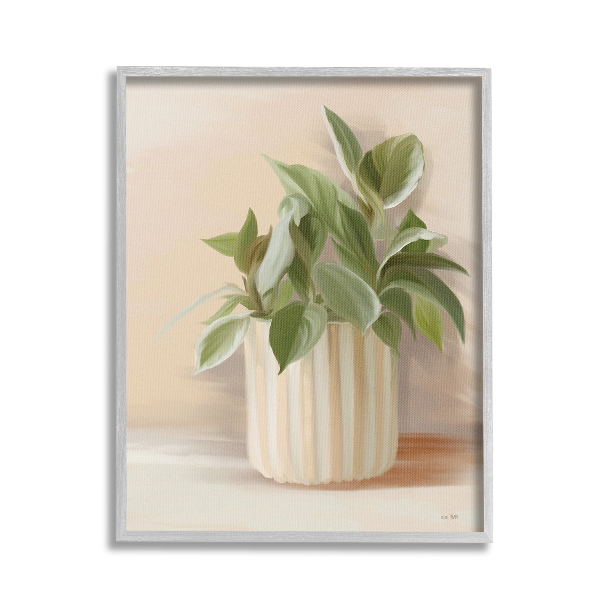 Stupell Industries Plant in Striped Pottery Botanical & Floral Painting Gray Framed Art Print Wall Art, 16 x 20