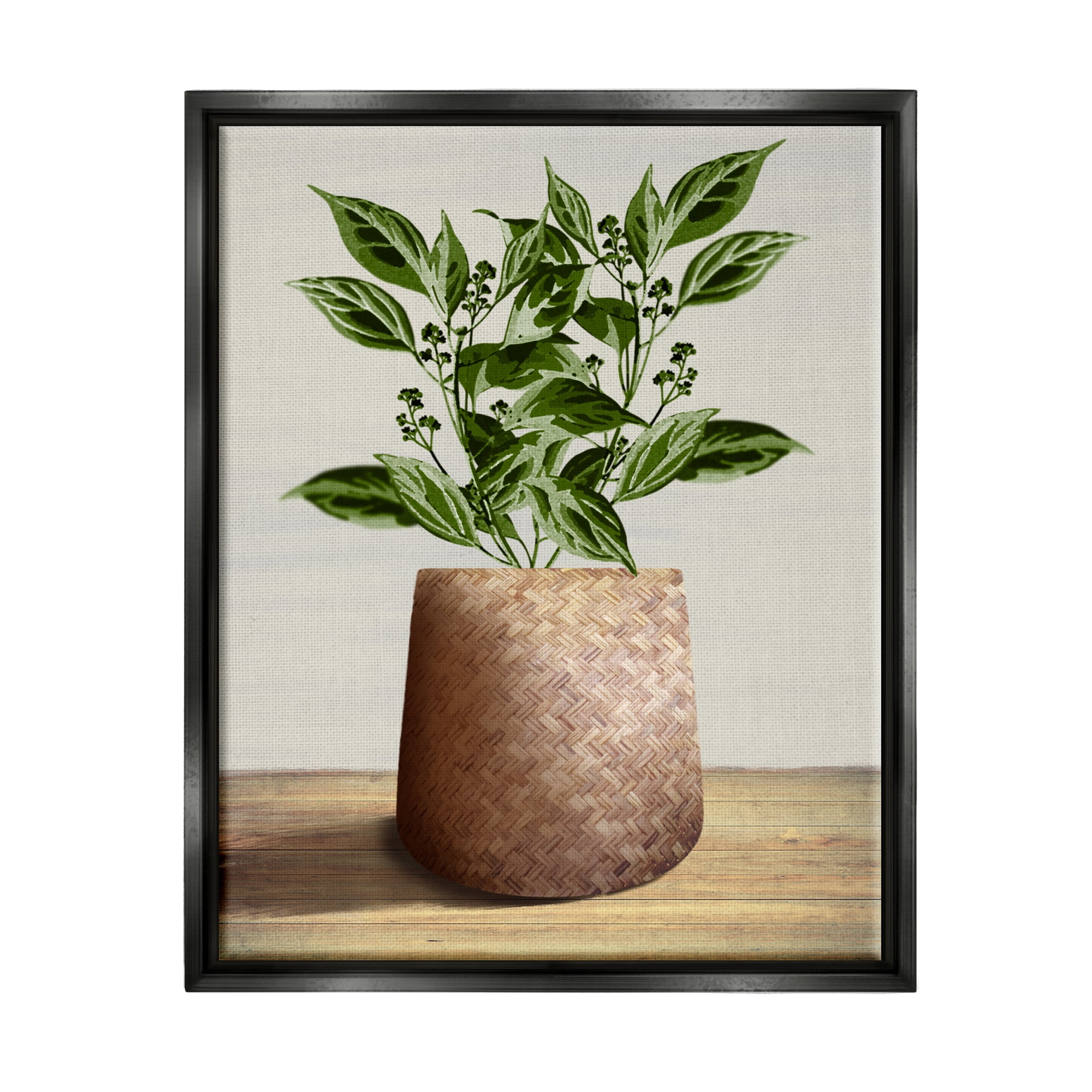 Stupell Industries Plant in Woven Planter Botanical & Floral Painting Black Floater Framed Canvas Art Print Wall Art, 25 x 31
