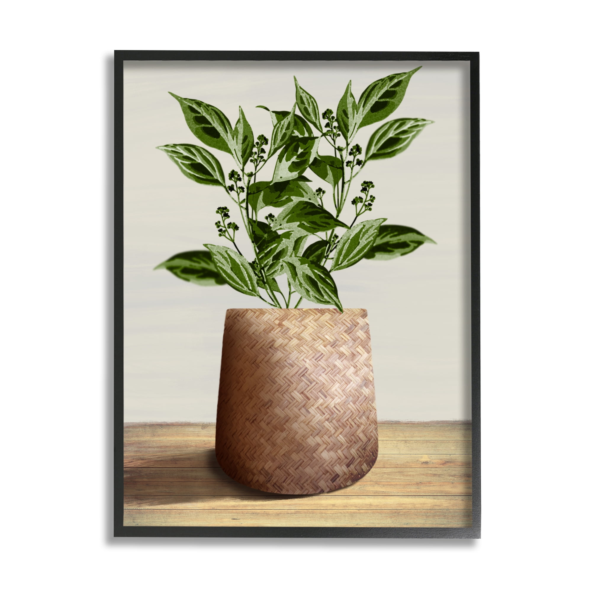 Stupell Industries Plant in Woven Planter Botanical & Floral Painting Black Framed Art Print Wall Art, 24 x 30