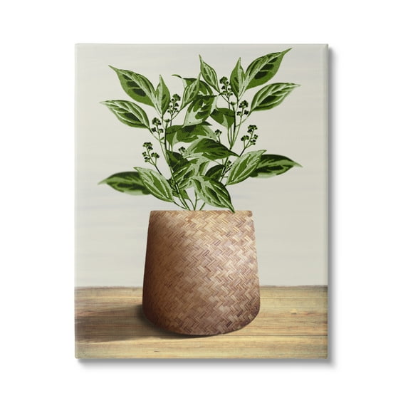 Stupell Industries Plant in Woven Planter Botanical & Floral Painting Gallery Wrapped Canvas Art Print Wall Art, 24 x 30