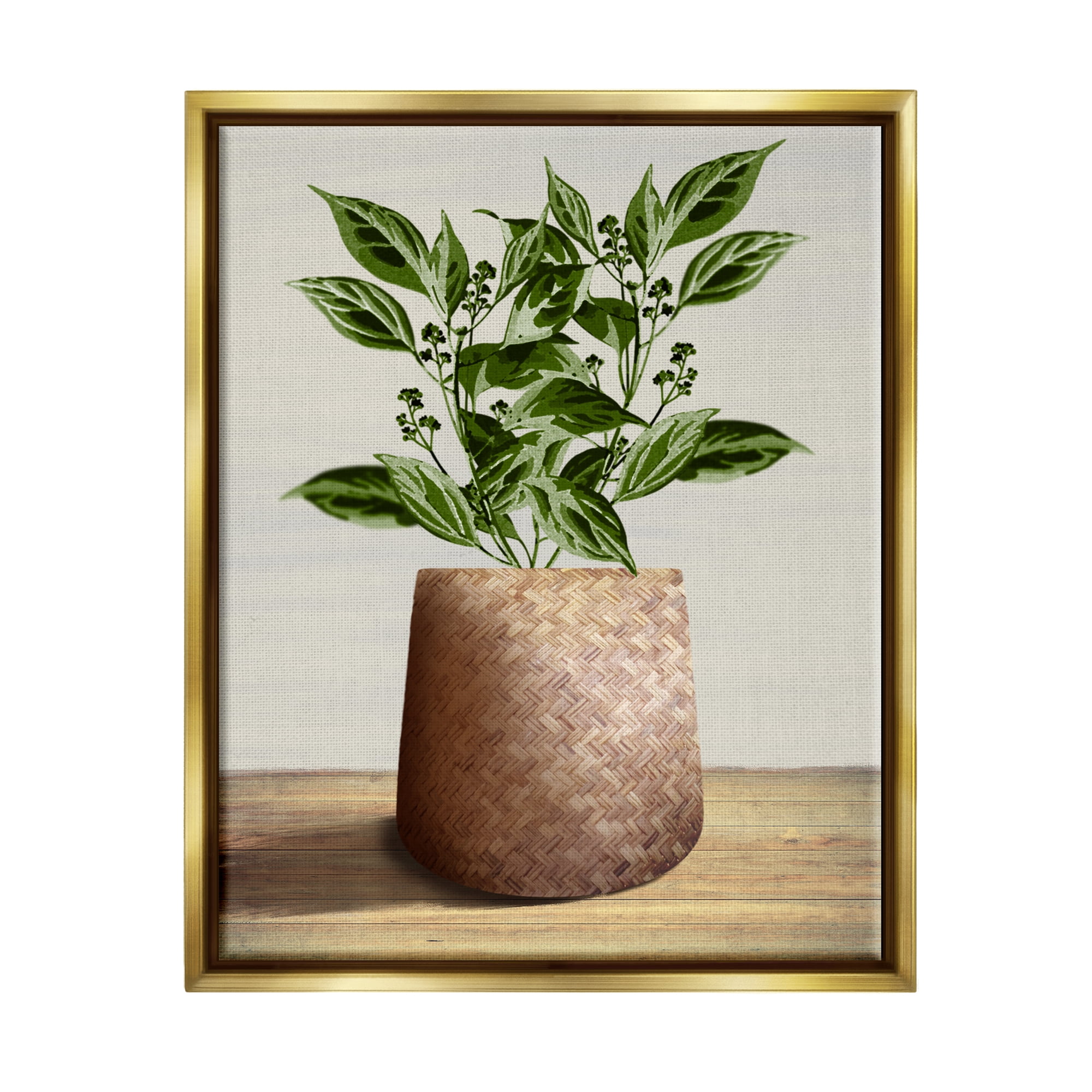 Stupell Industries Plant in Woven Planter Botanical & Floral Painting Gold Floater Framed Canvas Art Print Wall Art, 17 x 21