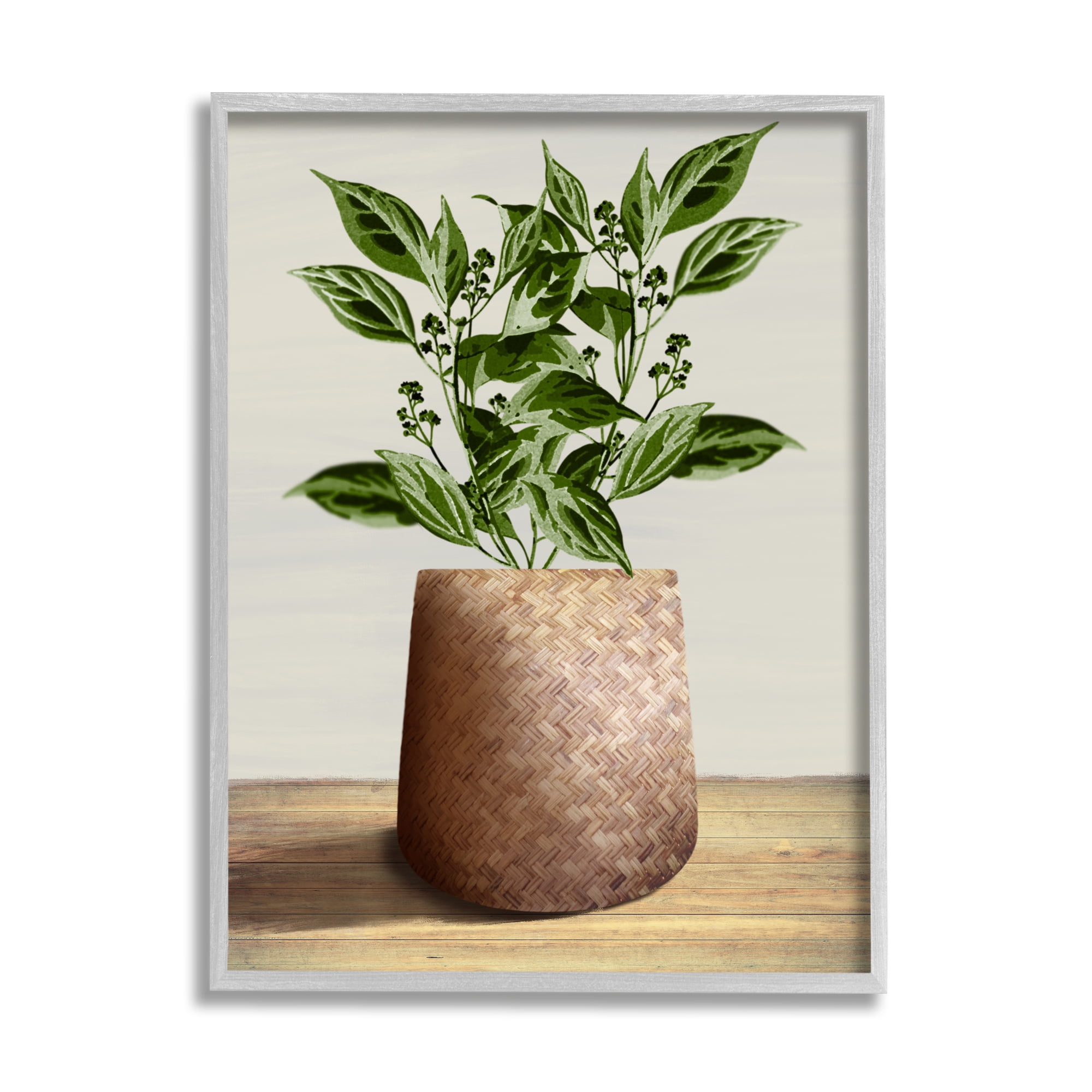 Stupell Industries Plant in Woven Planter Botanical & Floral Painting Gray Framed Art Print Wall Art, 11 x 14