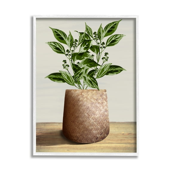 Stupell Industries Plant in Woven Planter Botanical & Floral Painting White Framed Art Print Wall Art, 16 x 20