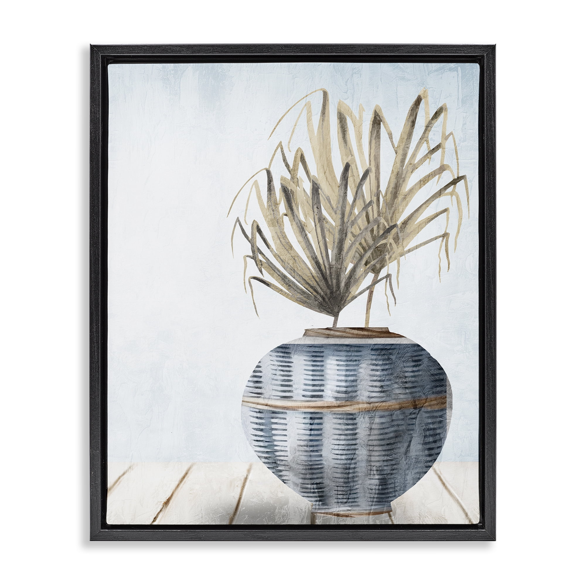 Stupell Industries Plant in Woven Vase Plants & Flowers Painting Black Floater Framed Canvas Art Print Wall Art, 17 x 21
