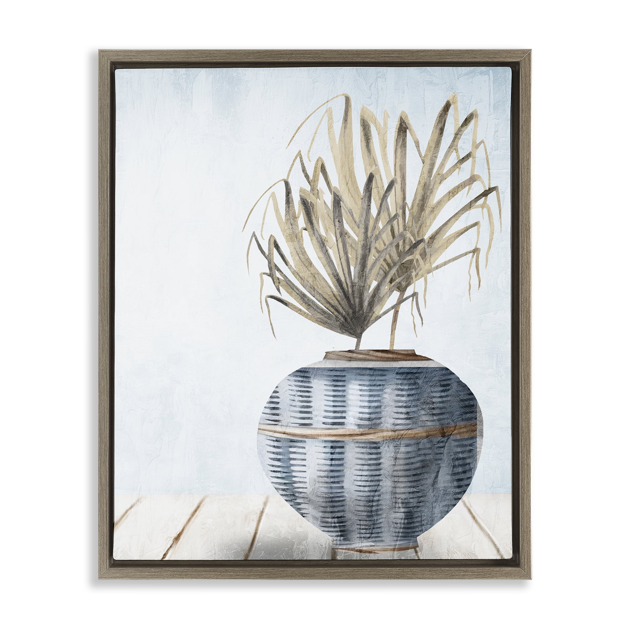 Stupell Industries Plant in Woven Vase Plants & Flowers Painting Brown Floater Framed Canvas Art Print Wall Art, 17 x 21