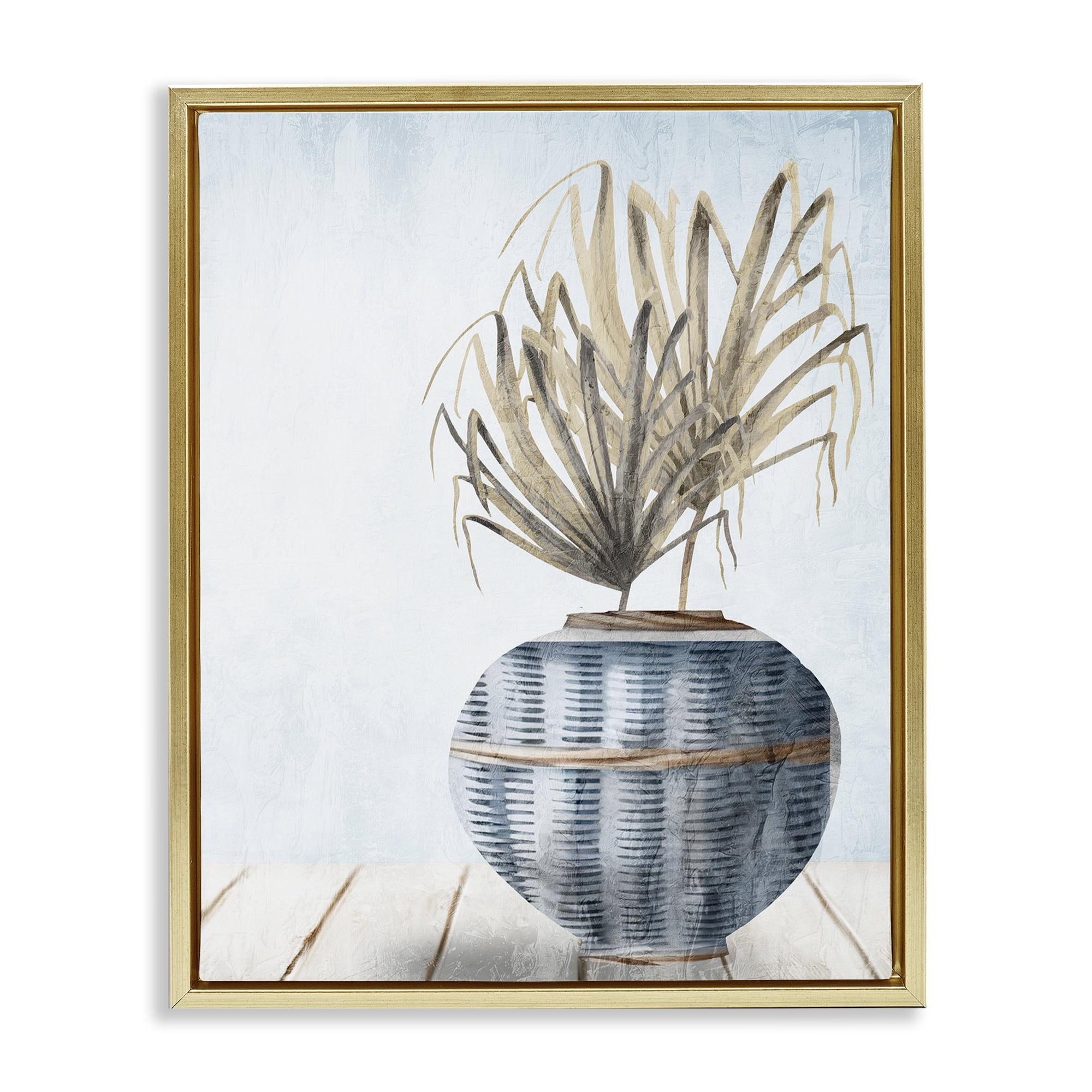 Stupell Industries Plant in Woven Vase Plants & Flowers Painting Gold Floater Framed Canvas Art Print Wall Art, 25 x 31