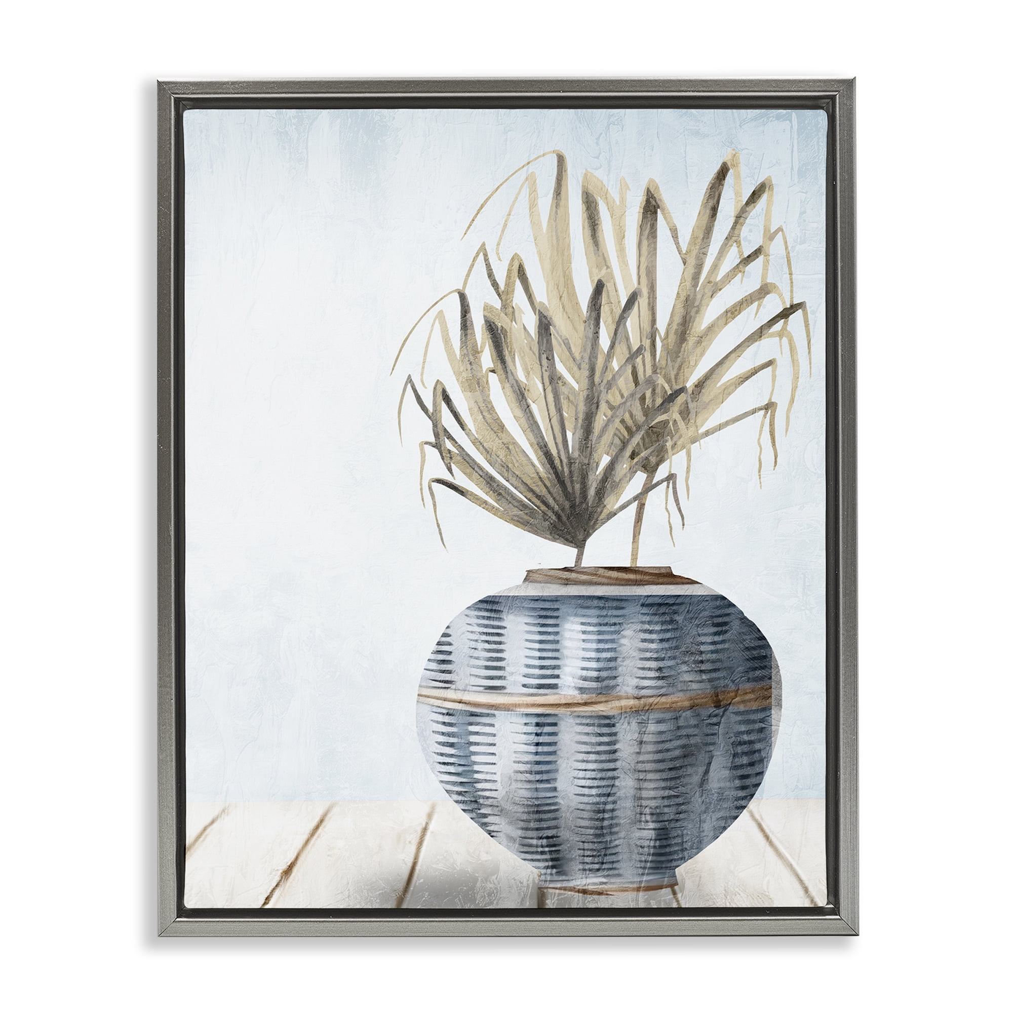 Stupell Industries Plant in Woven Vase Plants & Flowers Painting Gray Floater Framed Canvas Art Print Wall Art, 17 x 21