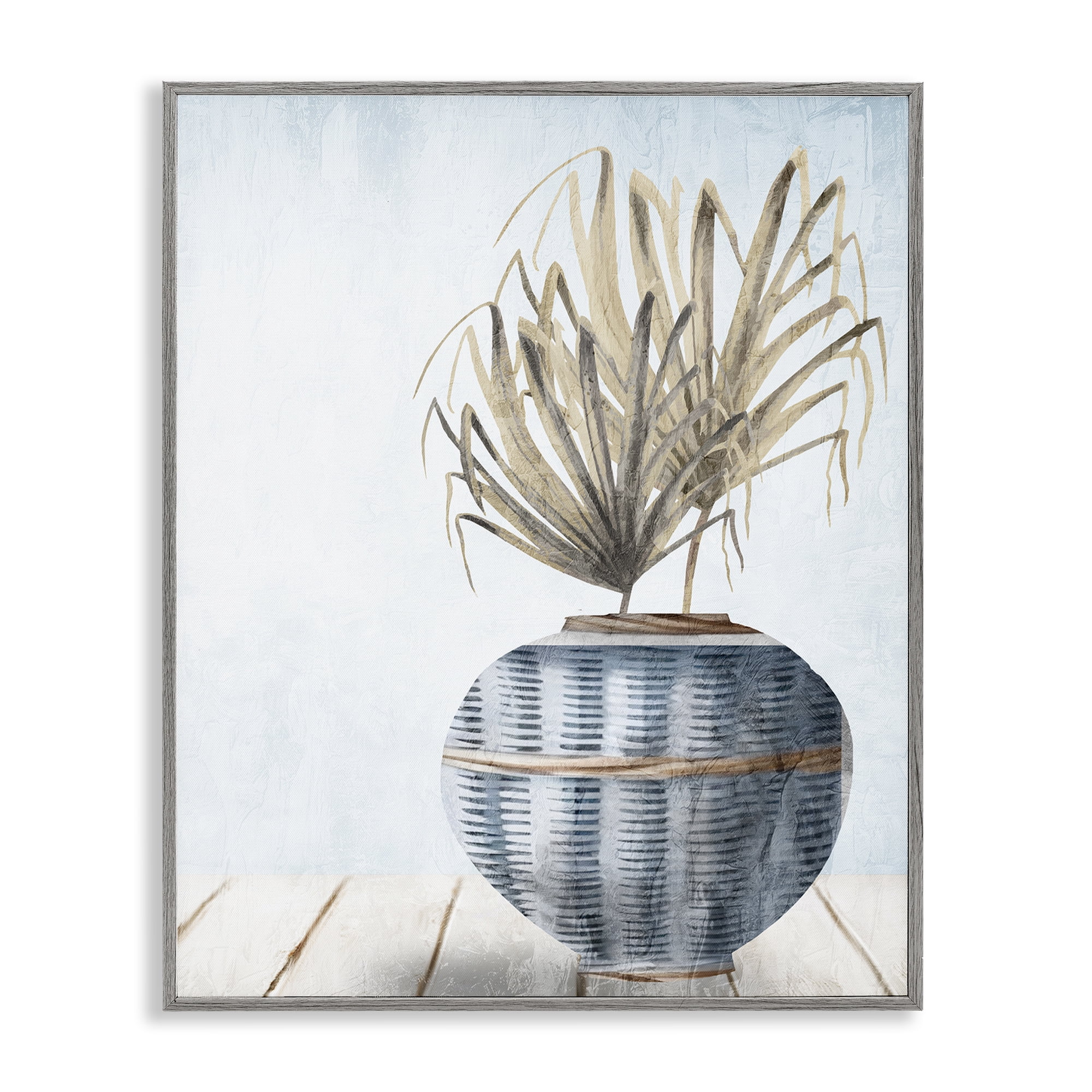 Stupell Industries Plant in Woven Vase Plants & Flowers Painting Gray Framed Art Print Wall Art, 11 x 14