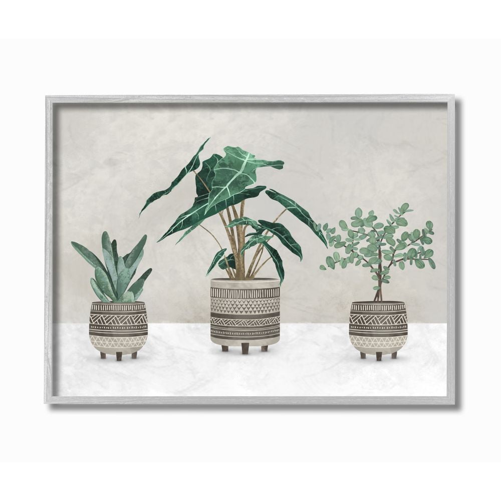 Stupell Industries Plants In Patterned Pots Neutral Grey Design Graphic Art Gray Framed Art Print Wall Art, 16x20, by Ziwei Li