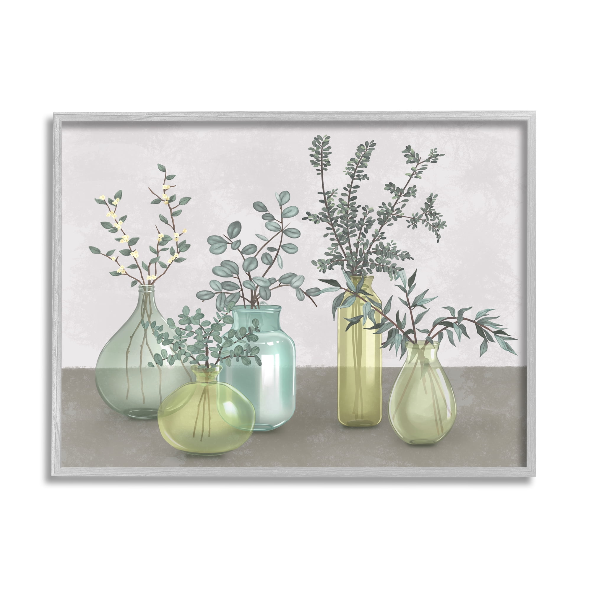 Gray Framed Botanical Print with Green and Yellow Vases, 11 x 14