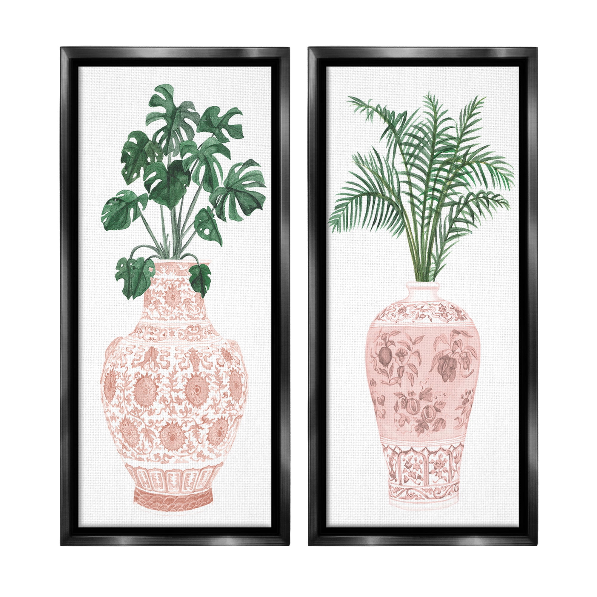 Stupell Industries Plants & Oriental Vases Botanical & Floral Painting Black Floater Framed Canvas Art Print Wall Art, 14 x 31, Set of 2
