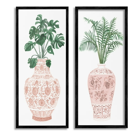 Stupell Industries Plants & Oriental Vases Botanical & Floral Painting Black Framed Art Print Wall Art, 10 x 24, Set of 2