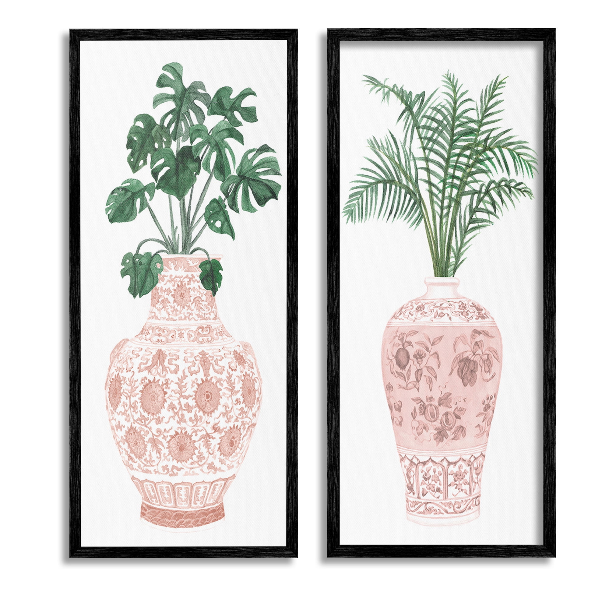 Stupell Industries Plants & Oriental Vases Botanical & Floral Painting Black Framed Art Print Wall Art, 13 x 30, Set of 2