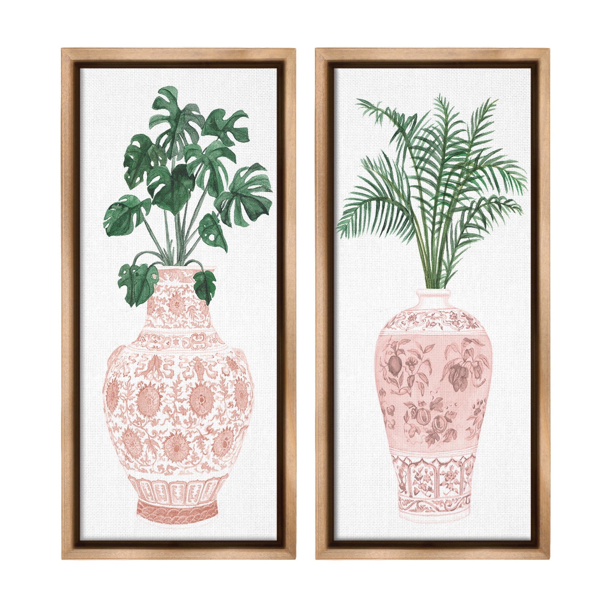 Stupell Industries Plants & Oriental Vases Botanical & Floral Painting Brown Floater Framed Canvas Art Print Wall Art, 14 x 31, Set of 2