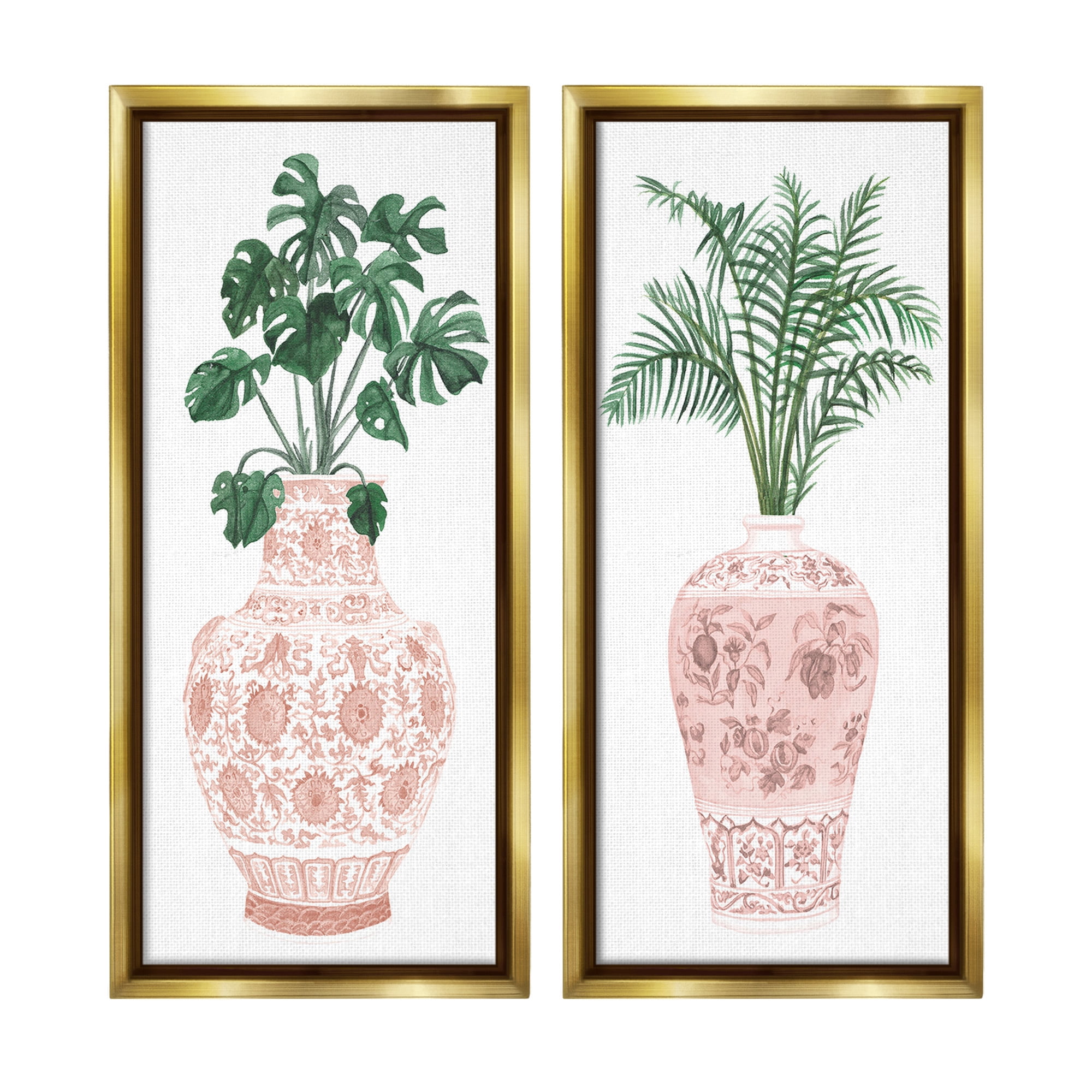 Stupell Industries Plants & Oriental Vases Botanical & Floral Painting Gold Floater Framed Canvas Art Print Wall Art, 11 x 25, Set of 2