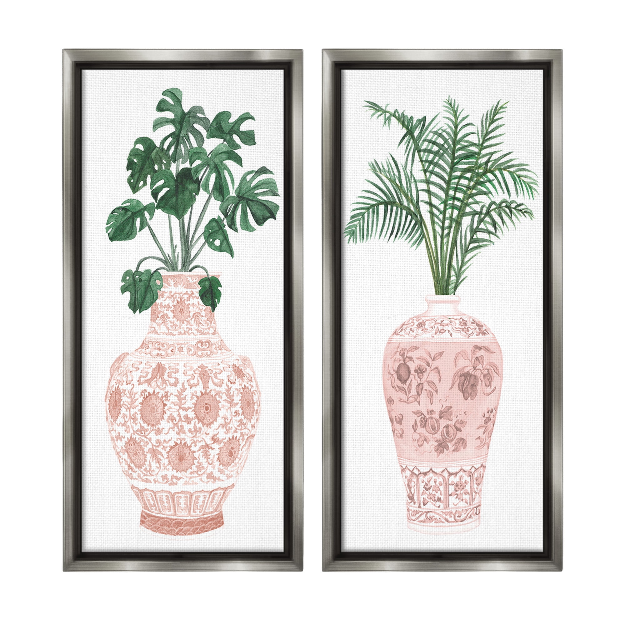 Stupell Industries Plants & Oriental Vases Botanical & Floral Painting Gray Floater Framed Canvas Art Print Wall Art, 14 x 31, Set of 2