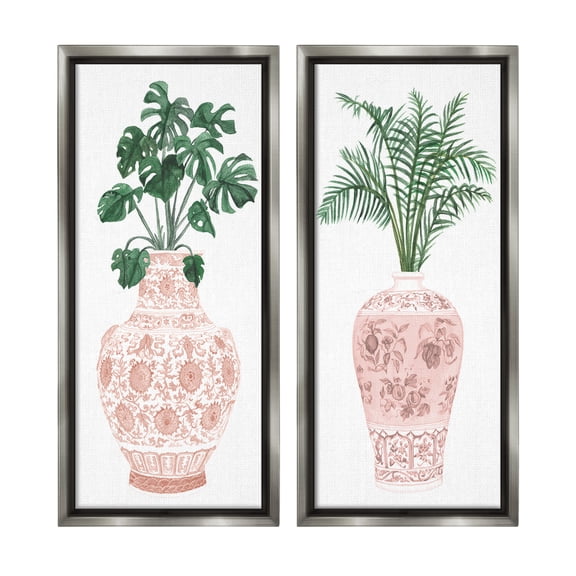 Stupell Industries Plants & Oriental Vases Botanical & Floral Painting Gray Floater Framed Canvas Art Print Wall Art, 14 x 31, Set of 2